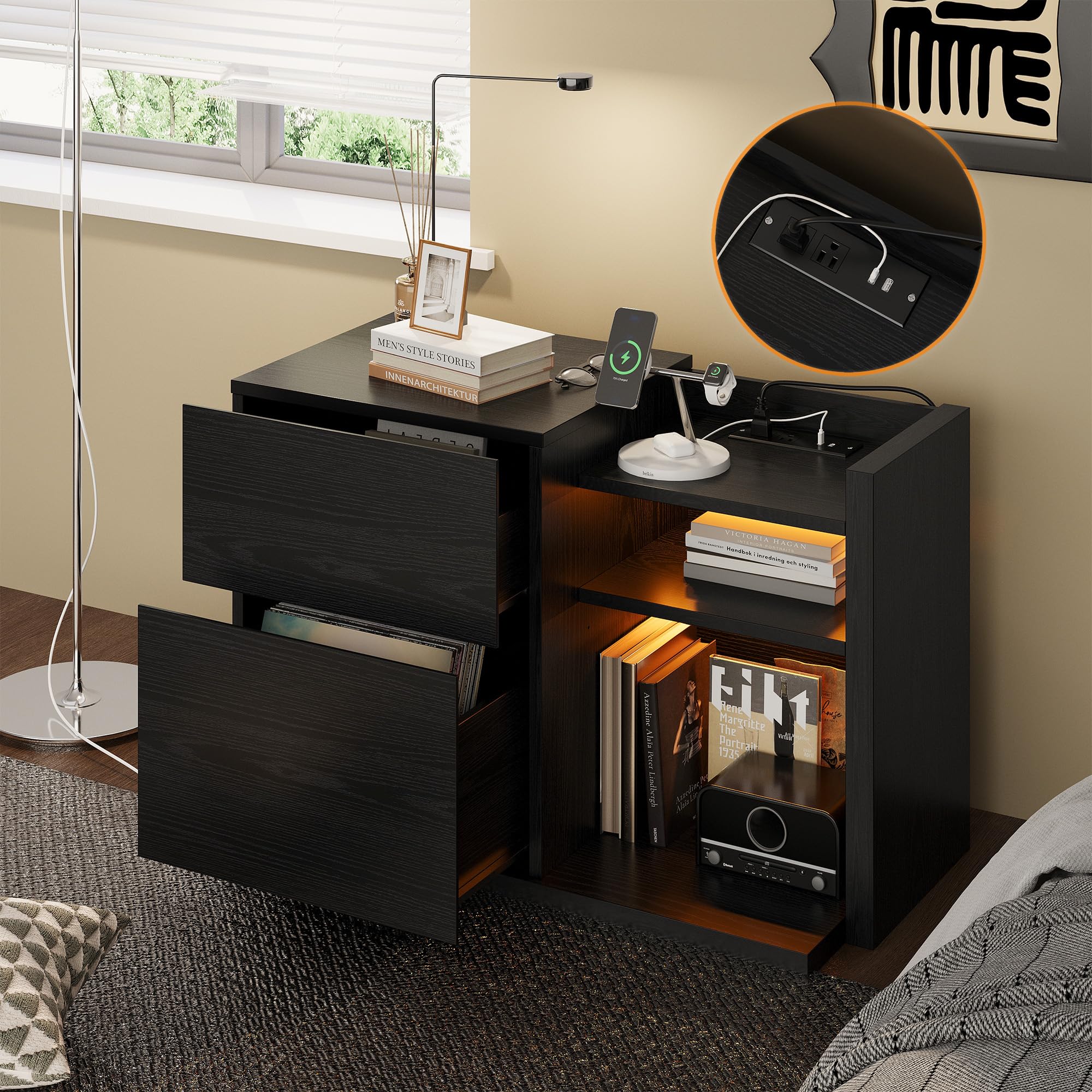 Black Night Stand with Shelves, Charging Station & LED