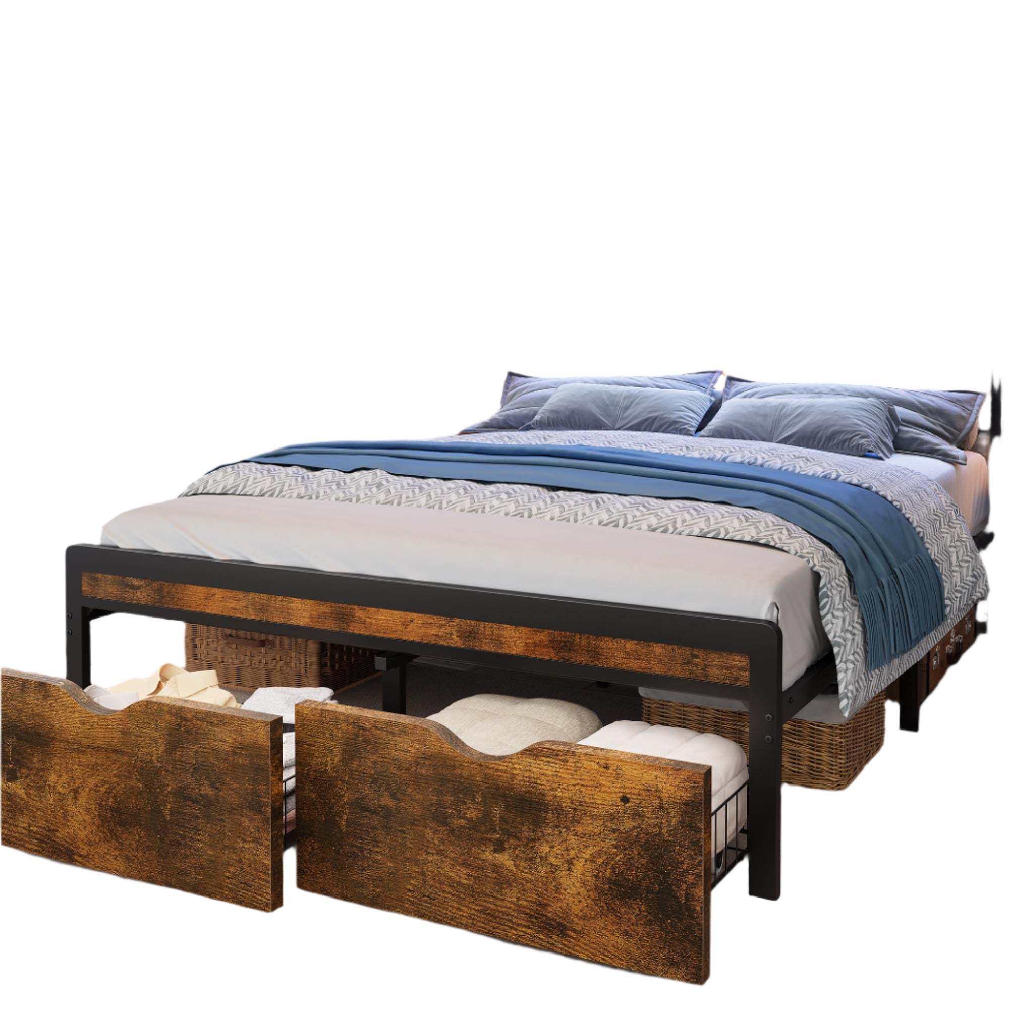 Queen Bed Frame with 2-Tier Headboard, Metal Platform Bed Frame