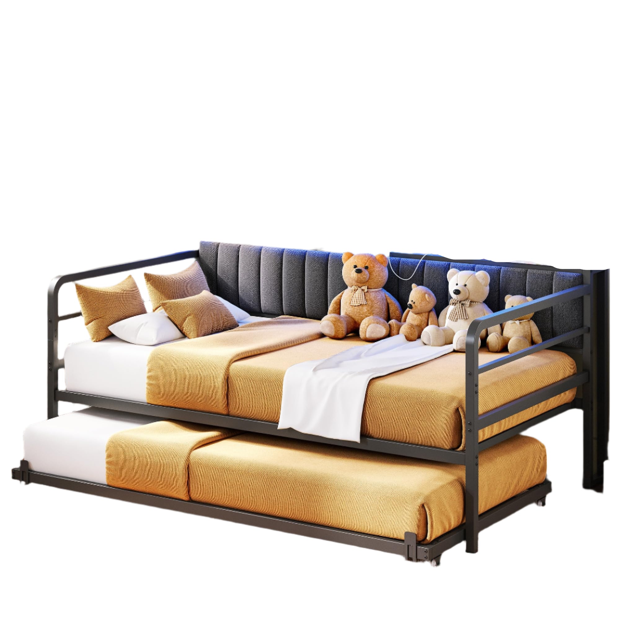 Daybed with Trundle, LED Lights and Charging Station, Twin Size Daybed