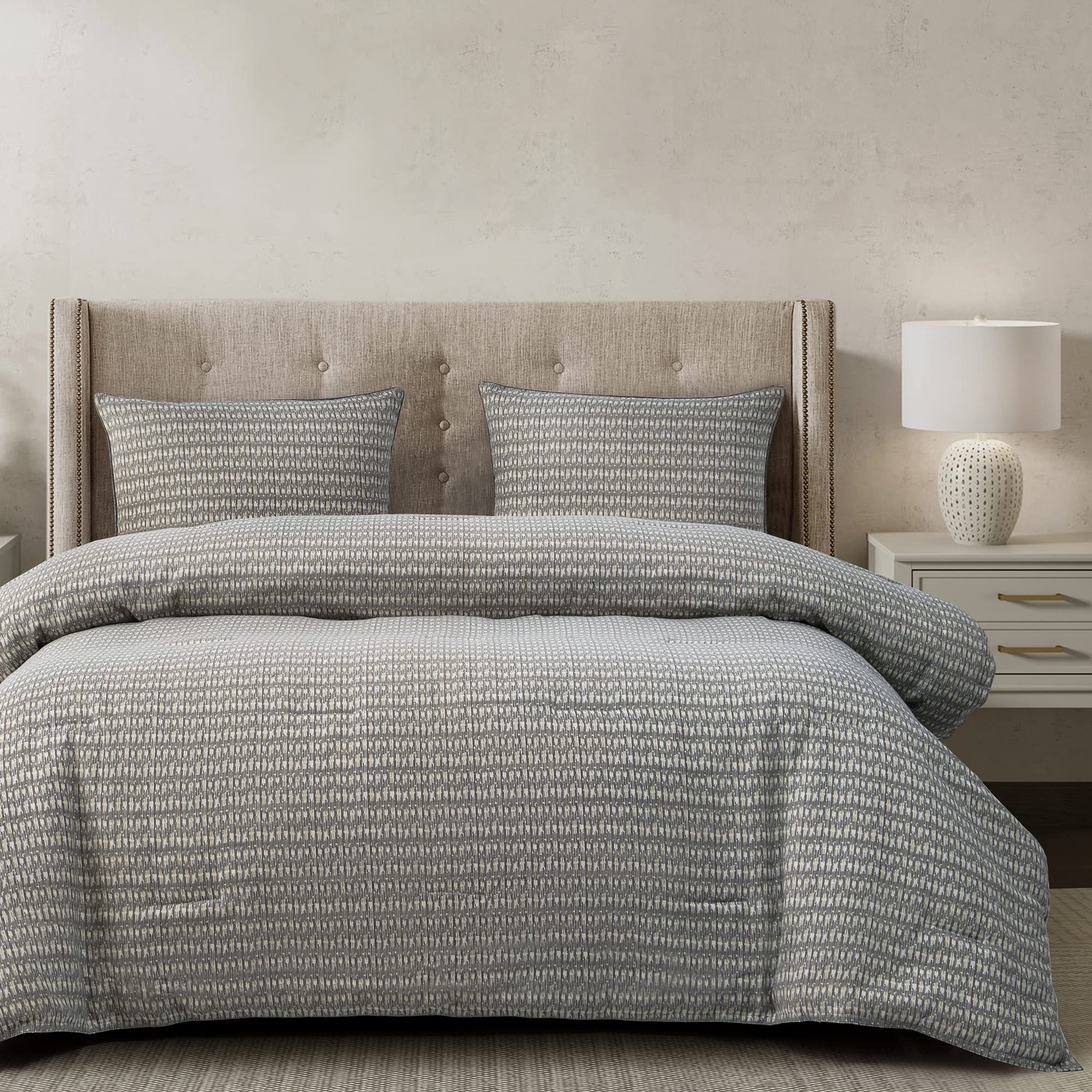 Fenton 3 Piece King Comforter Set, Cream Gray Taupe Geometric Woven Jacquard Bedding