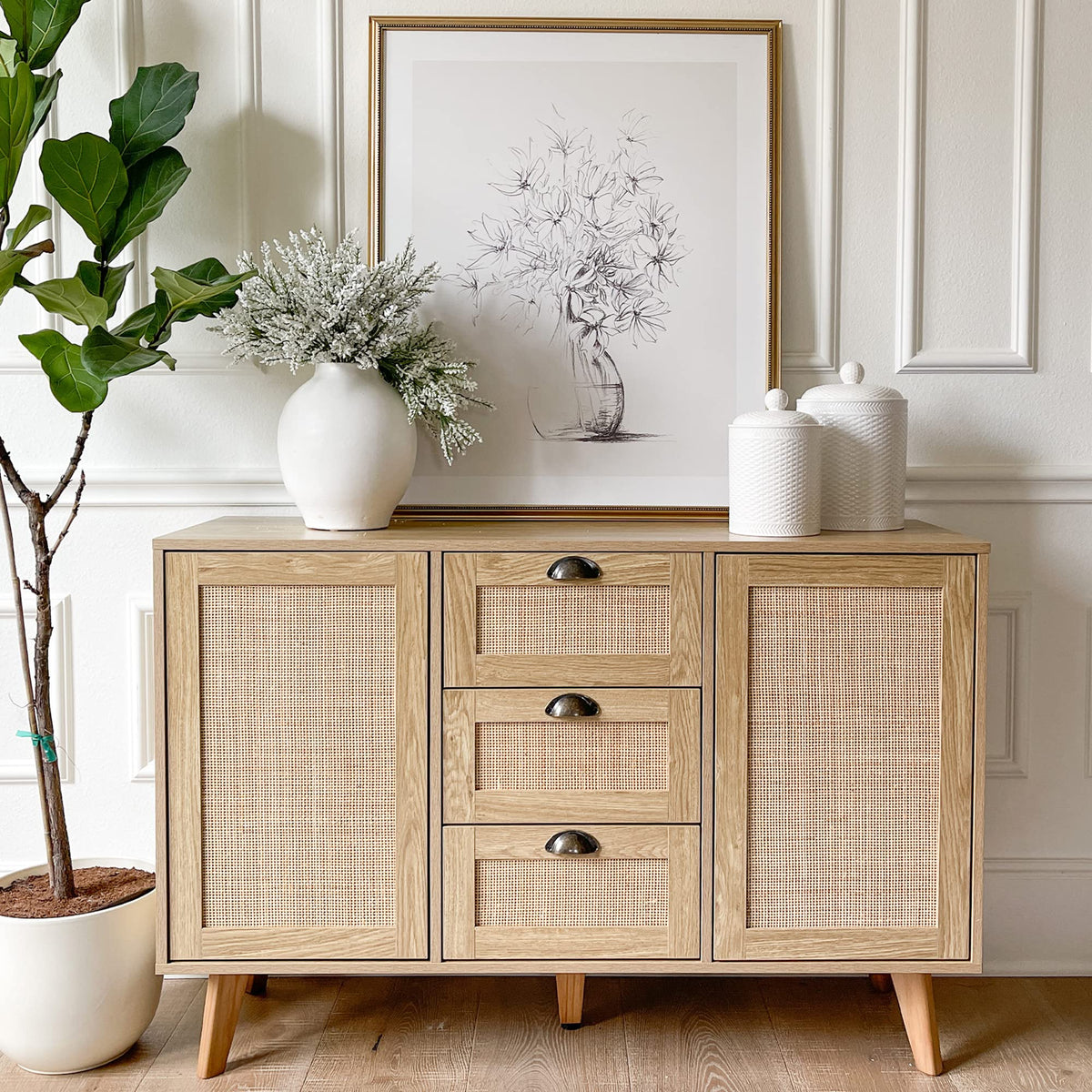 Rattan Sideboard Buffet Cabinet with Doors & Drawers