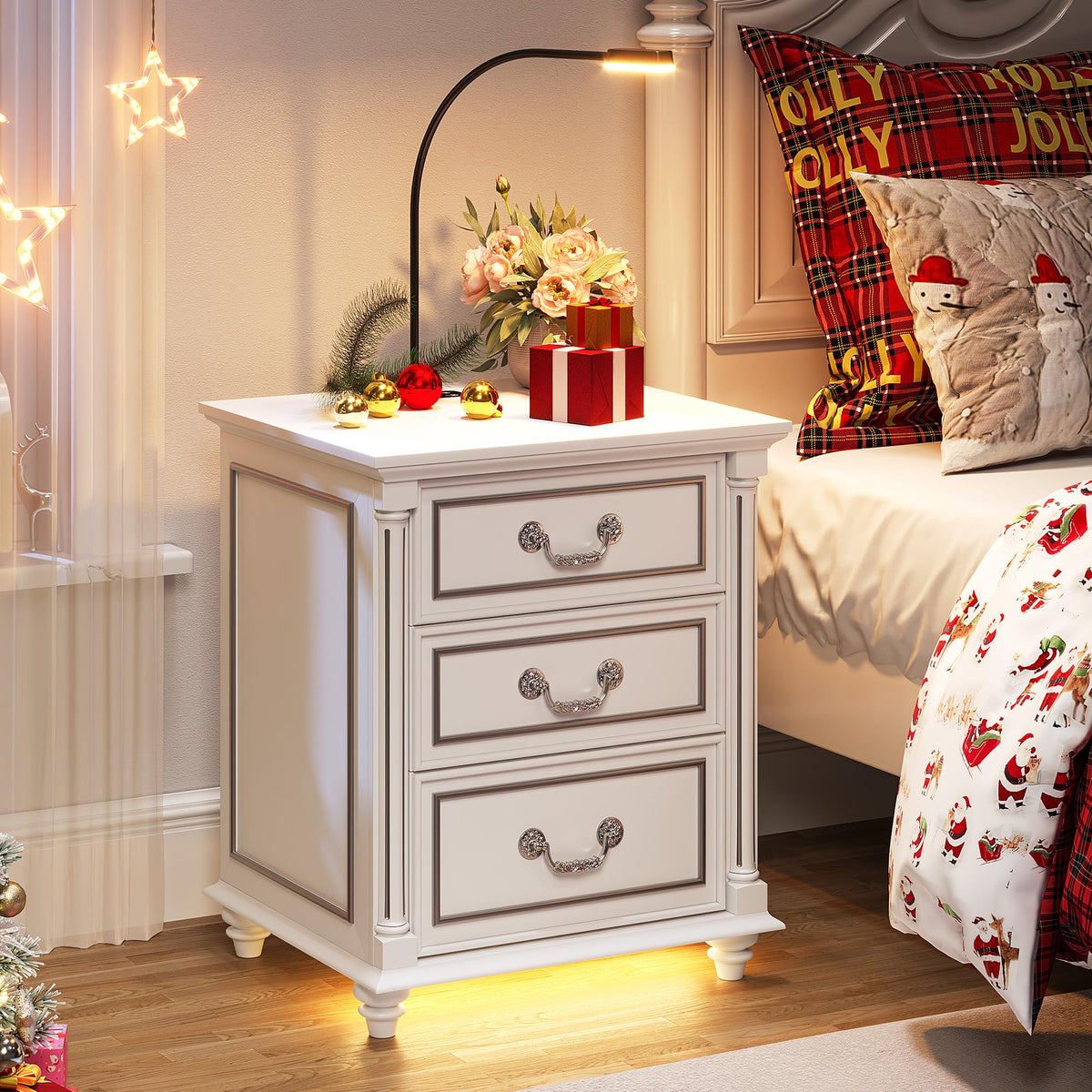 Nightstand with 4 Drawers, Hidden Gun Drawer, Charging Station & Reading Lamp