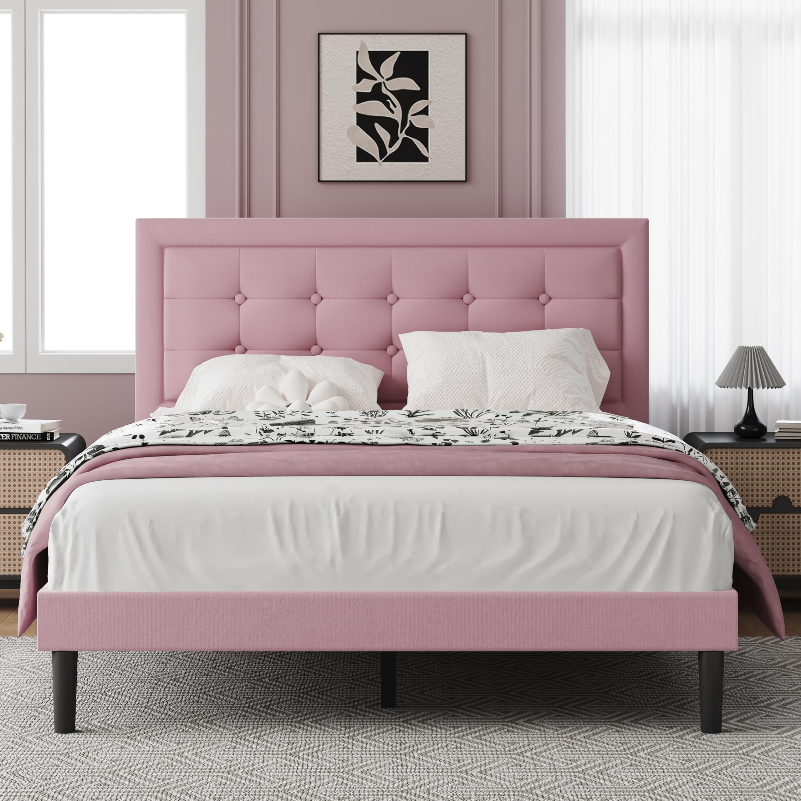 Size Upholstered Platform Bed, Full Size Frame with Tufted Button Headboard