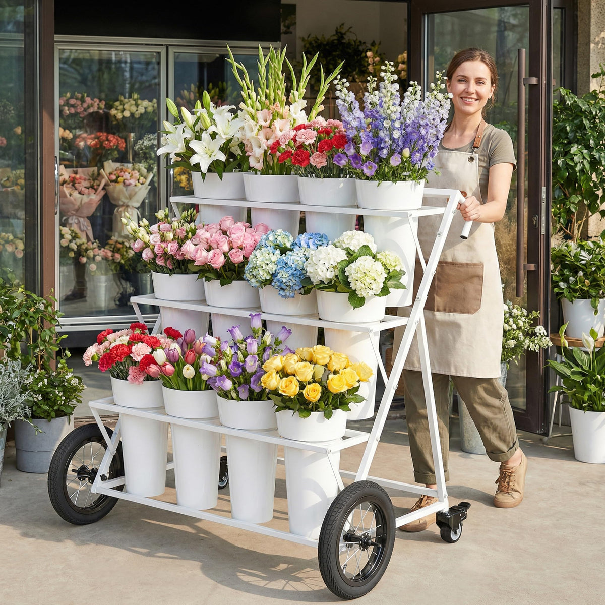 3-Tier Metal Flower Cart Stand with 12 Buckets