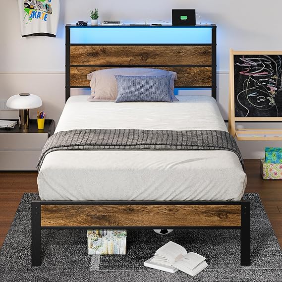 Size Bed Frame, Queen Bed with Charging Station Headboard