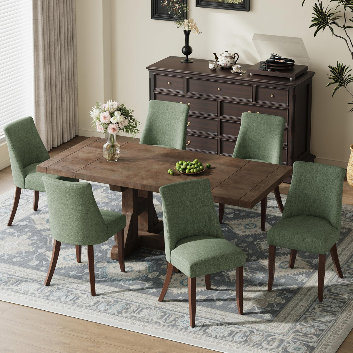 Upholstered Dining Chairs Set of 4 with Wood Legs - Green
