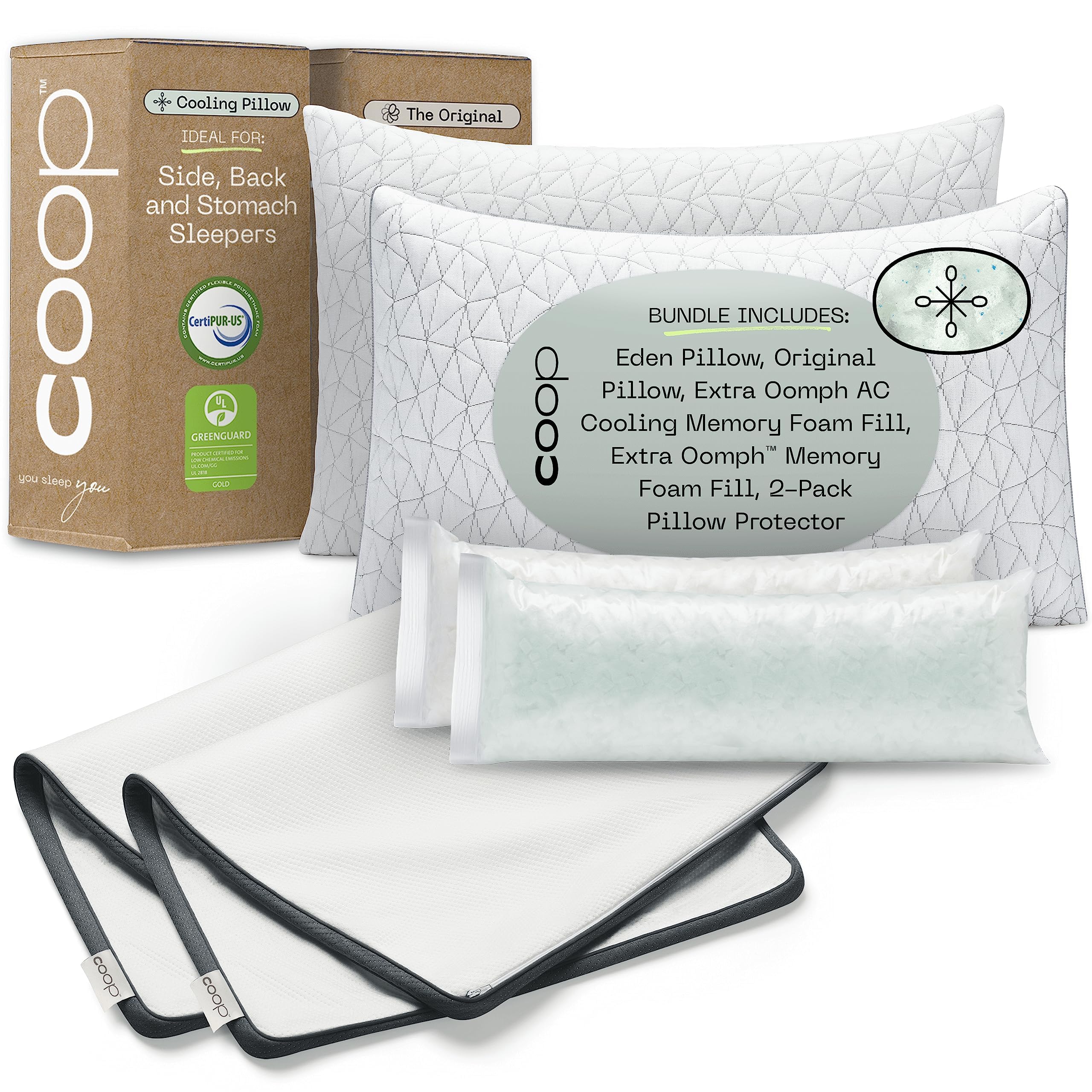 Eden Pillow, Original Pillow, and 2-Pack Ultra-Tech Pillow Protector Queen
