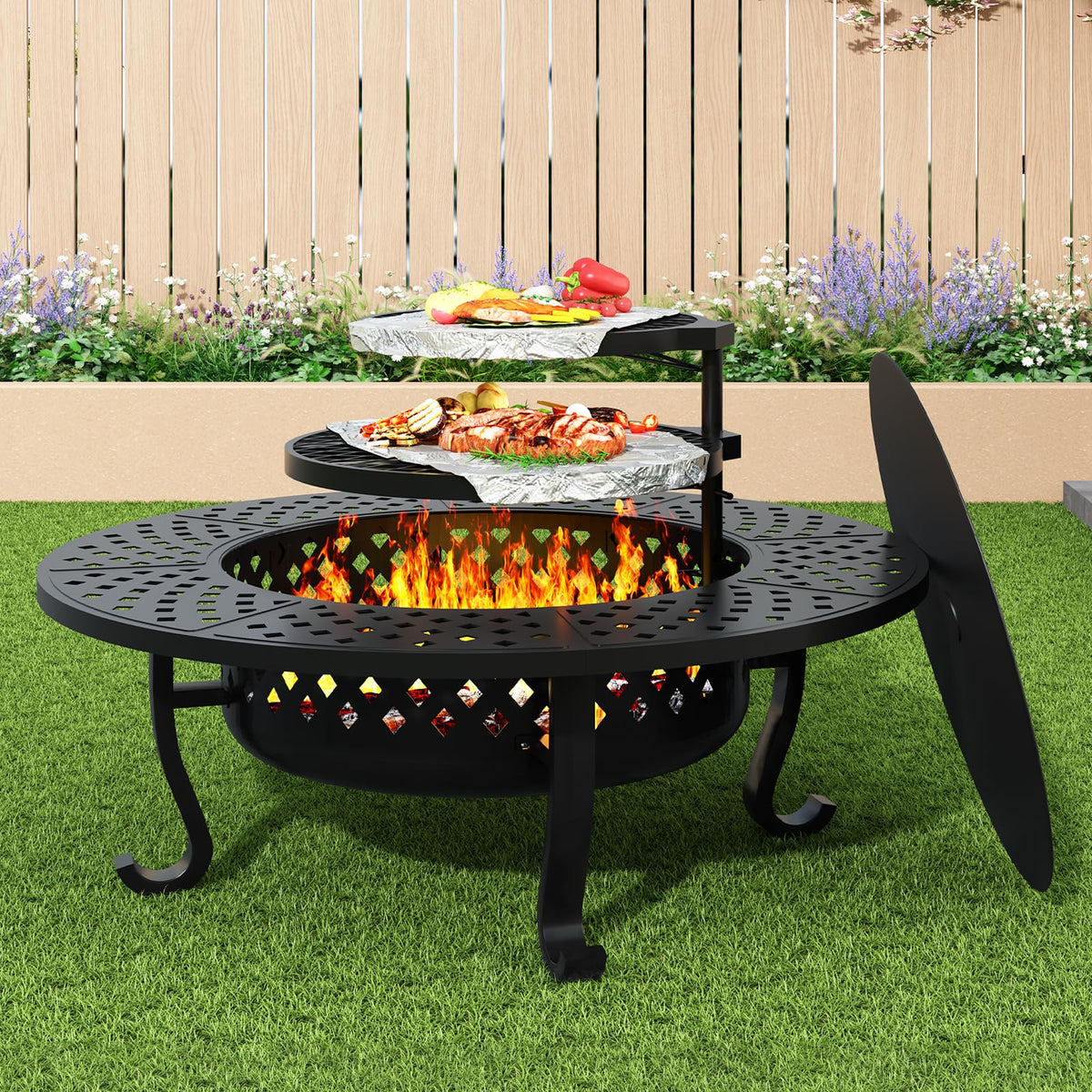 Outdoor Wood Burning Fire Pit with Lid & Grill Grates
