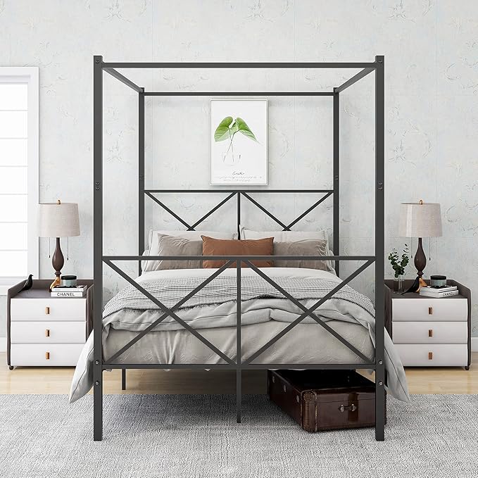 Metal Canopy Bed Frame Queen Size, Four Poster Canopy Platform Bed Frame