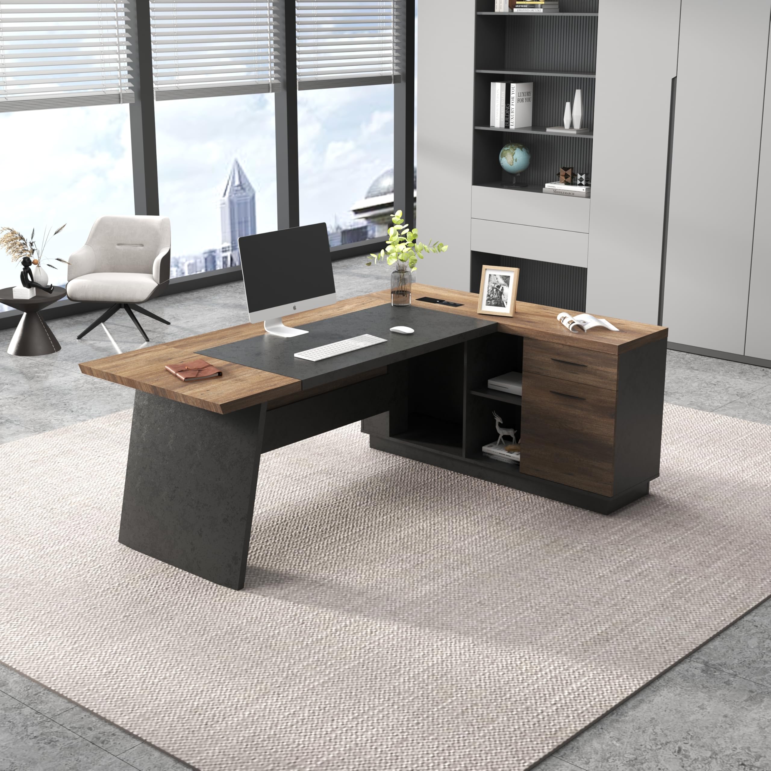 L-Shaped Executive Desk with Drawers & Storage, 78.74"