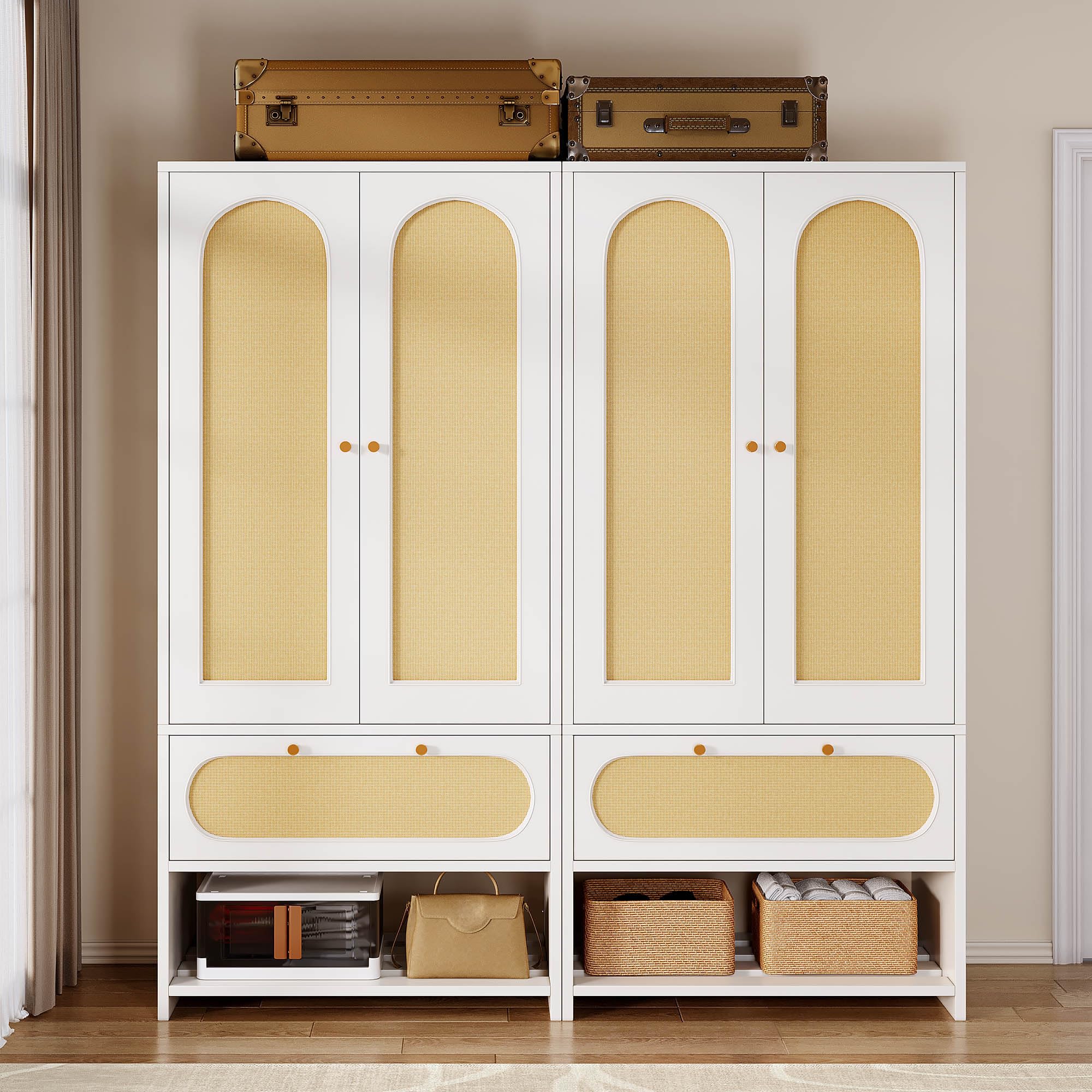 Rattan Wardrobe Closet Set of 2 70" Tall Rattan Armoire with Doors