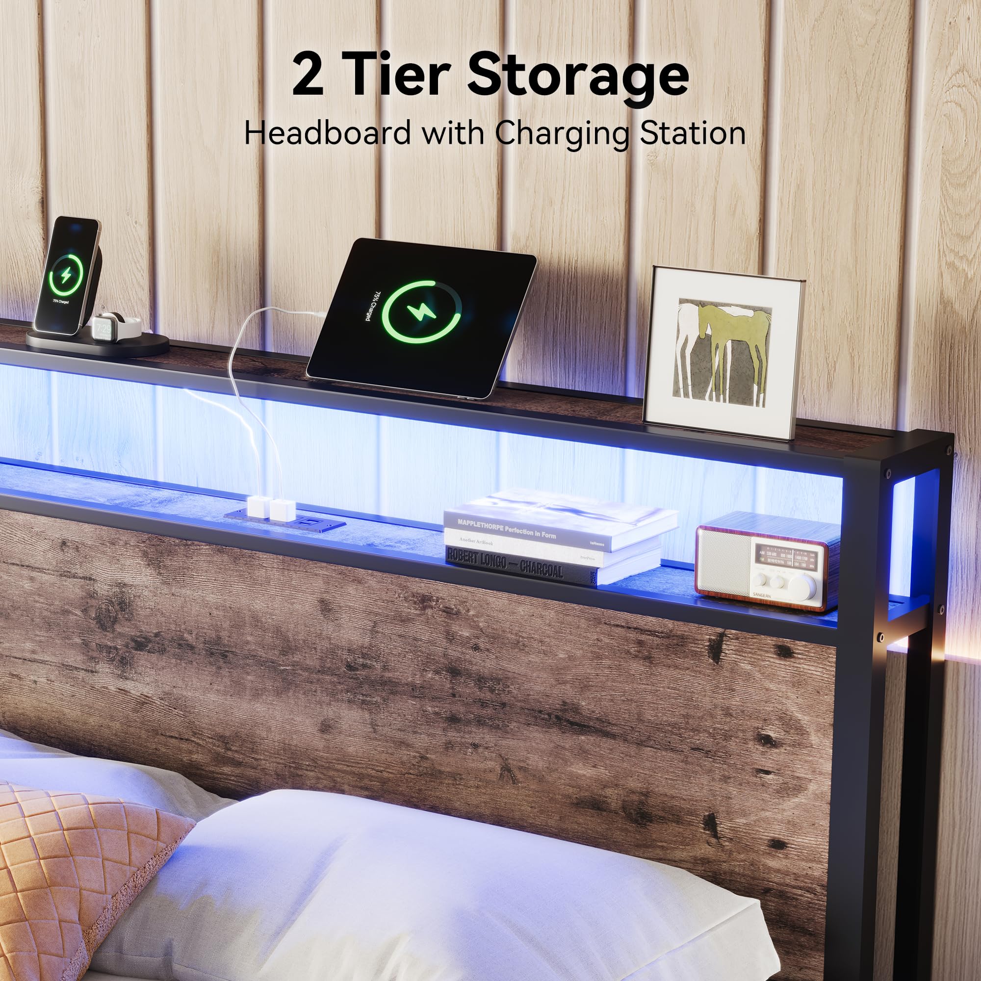 Susalt Full Size Bed Frame with Storage Headboard, Sturdy Metal Platform Bed Frame with LED Lights and Charging Station, Easy Assembly, No Box Spring Needed, Noise Free, Rustic Brown