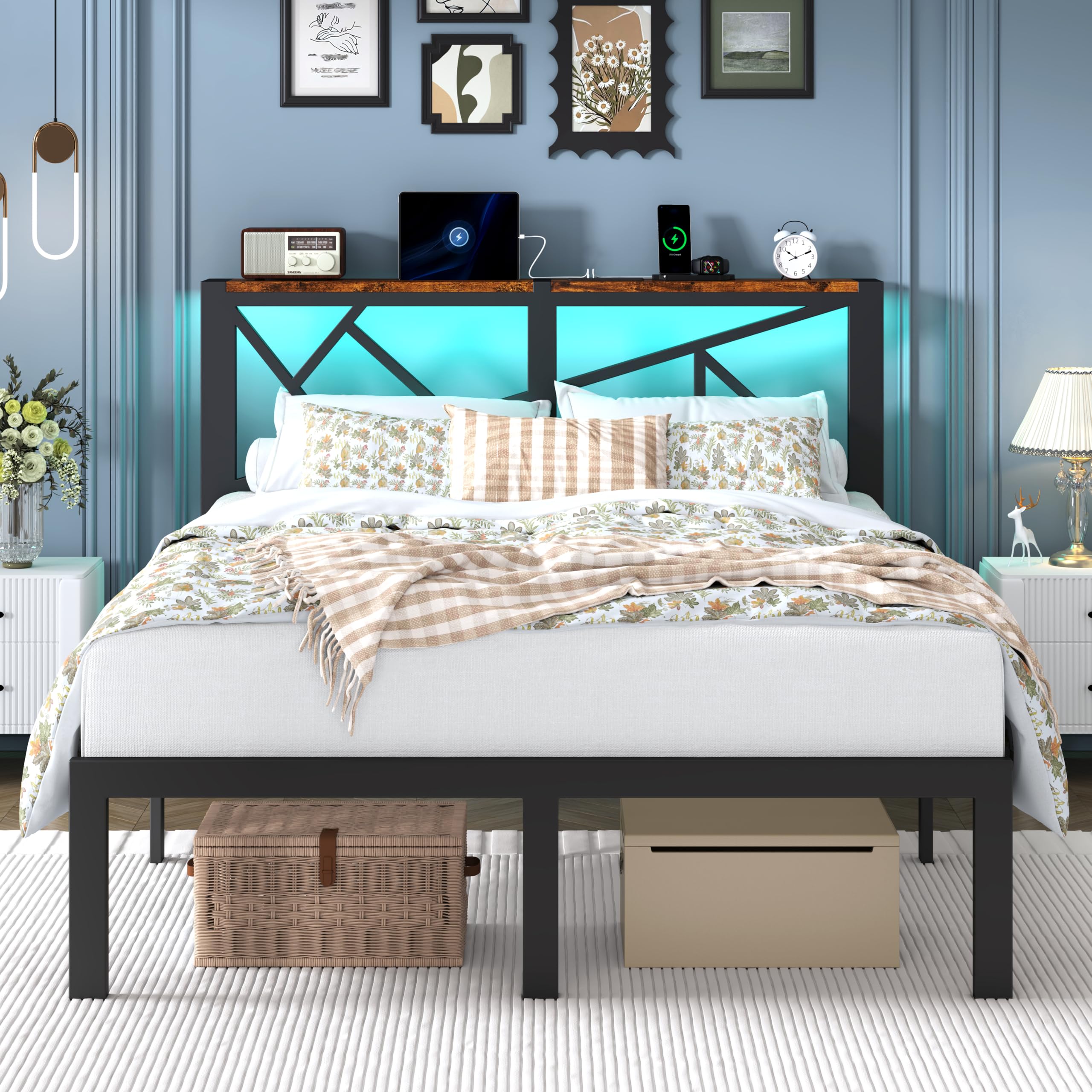 Queen Size Metal Bed Frame with LED Lights, Storage Headboard