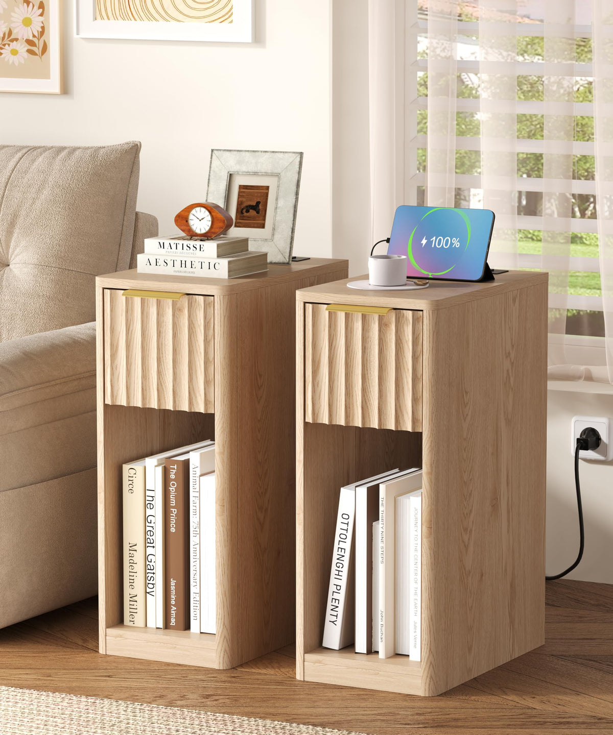Narrow Nightstand Set of 2 with Charging Station