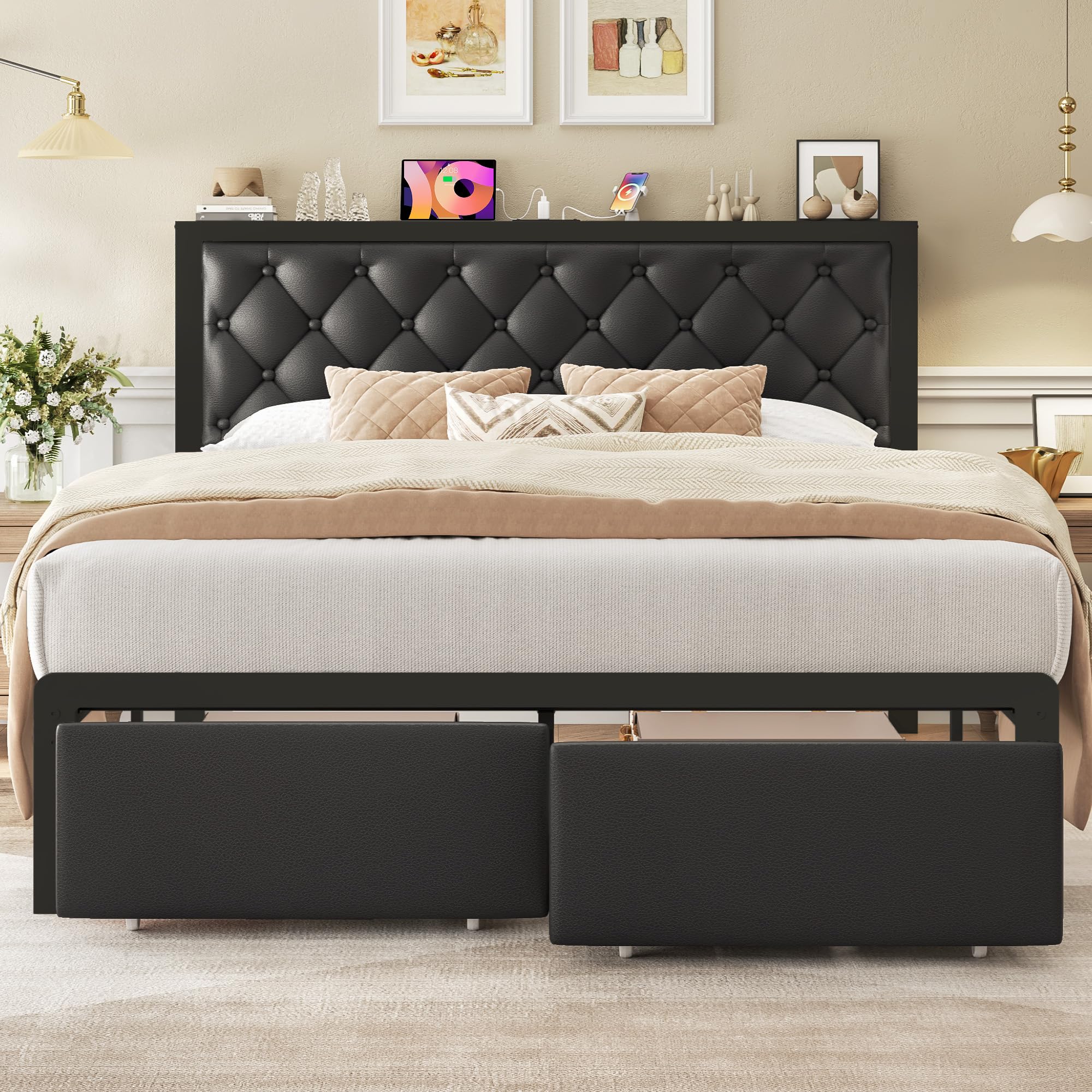 Queen Bed Frame with 2 Storage Drawers, Upholstered Headboard Button Tufted