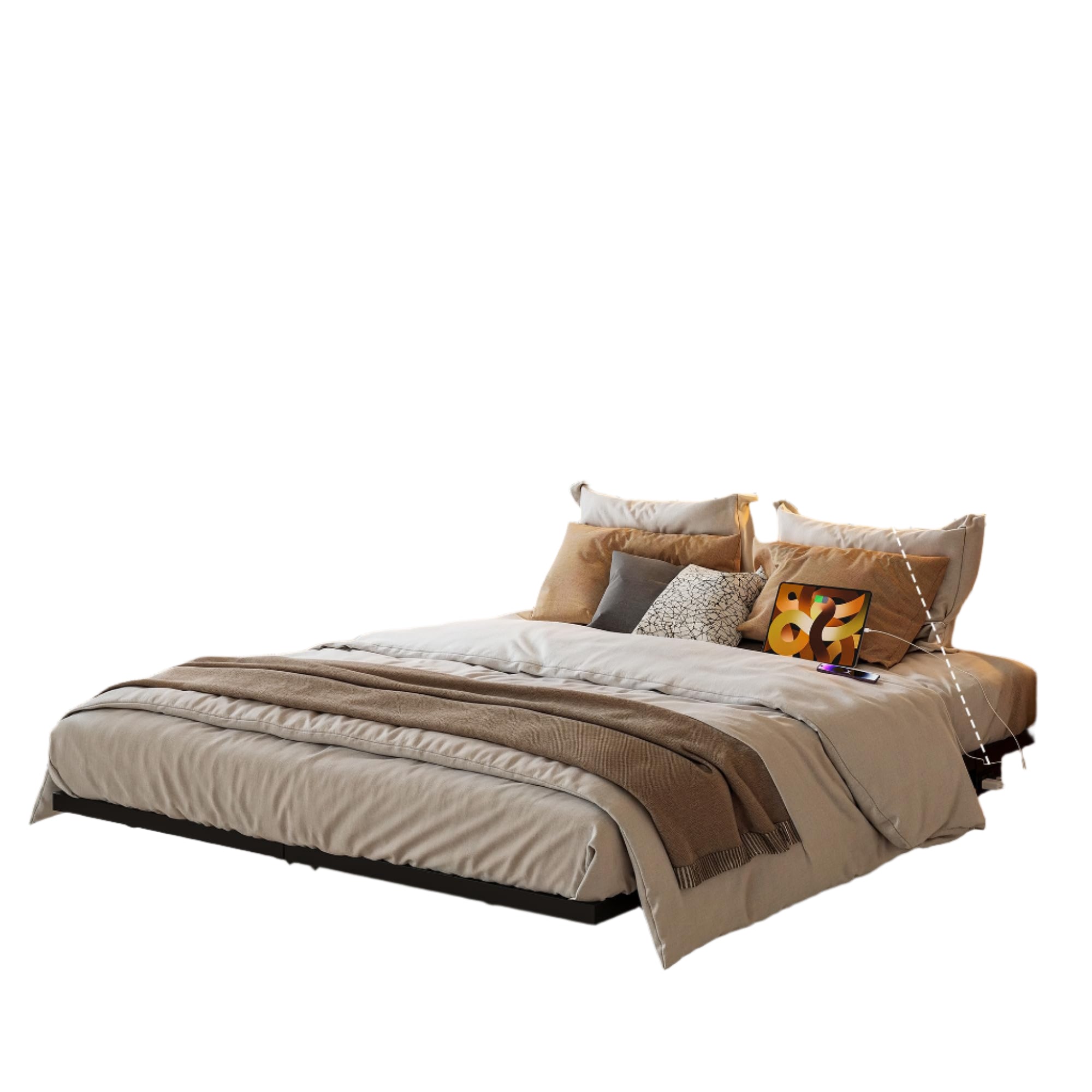 Full Size Floating Bed Frame with Storage Headboard Metal Platform Bed Frame