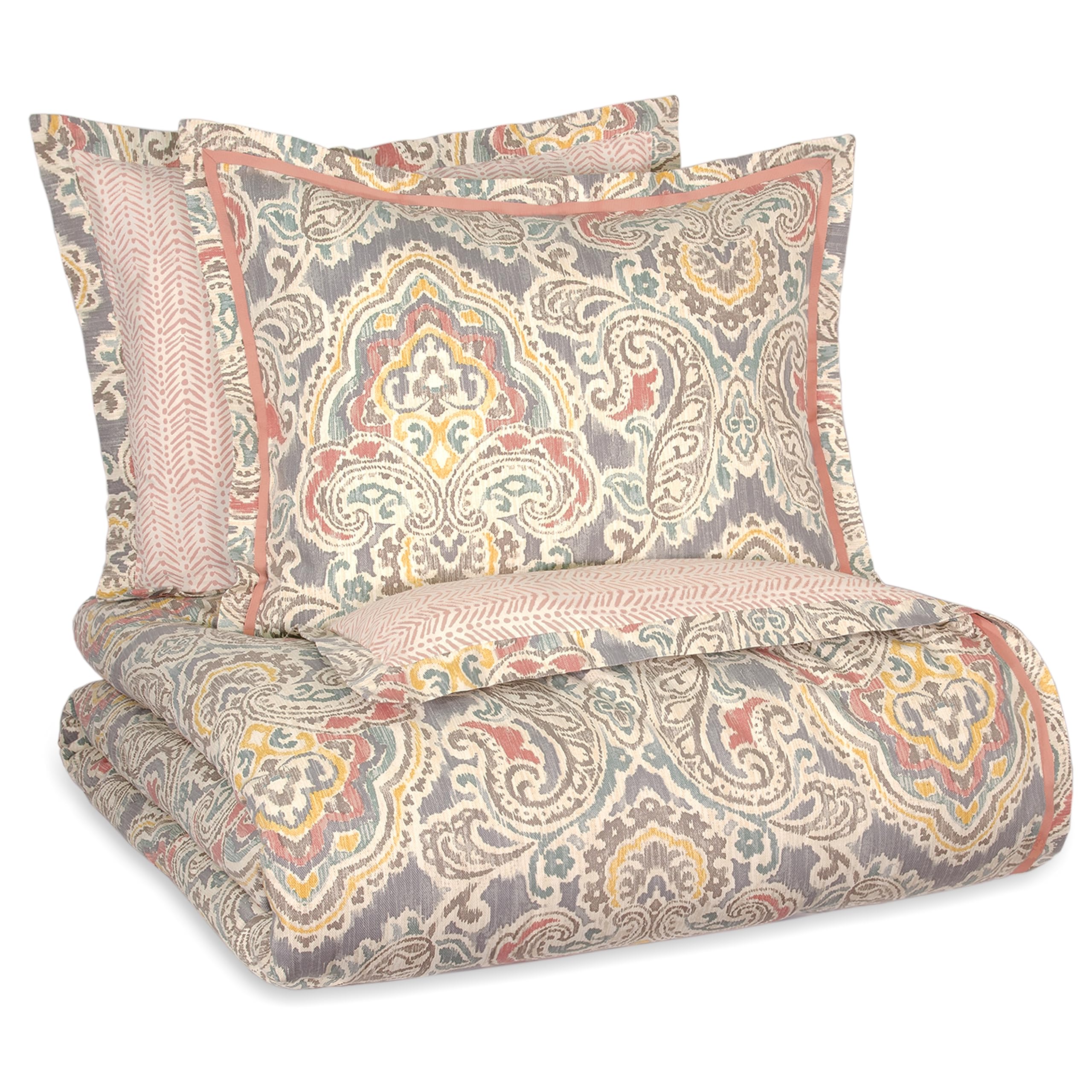 Artisanal Modern Farmhouse Damask 4 Piece Reversible Comforter Set