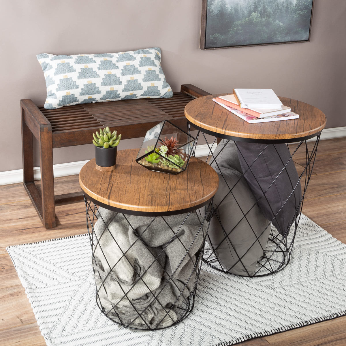 Nesting Side Tables Set of 2 – Metal Wire & Wood Lid