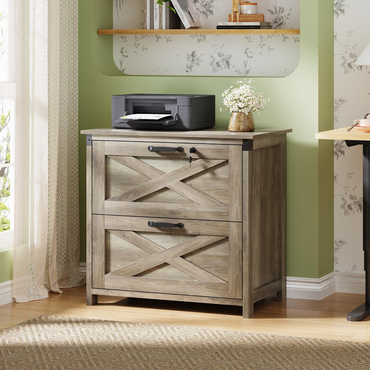2-Drawer Lateral File Cabinet with Lock, X-Pattern Farmhouse Design