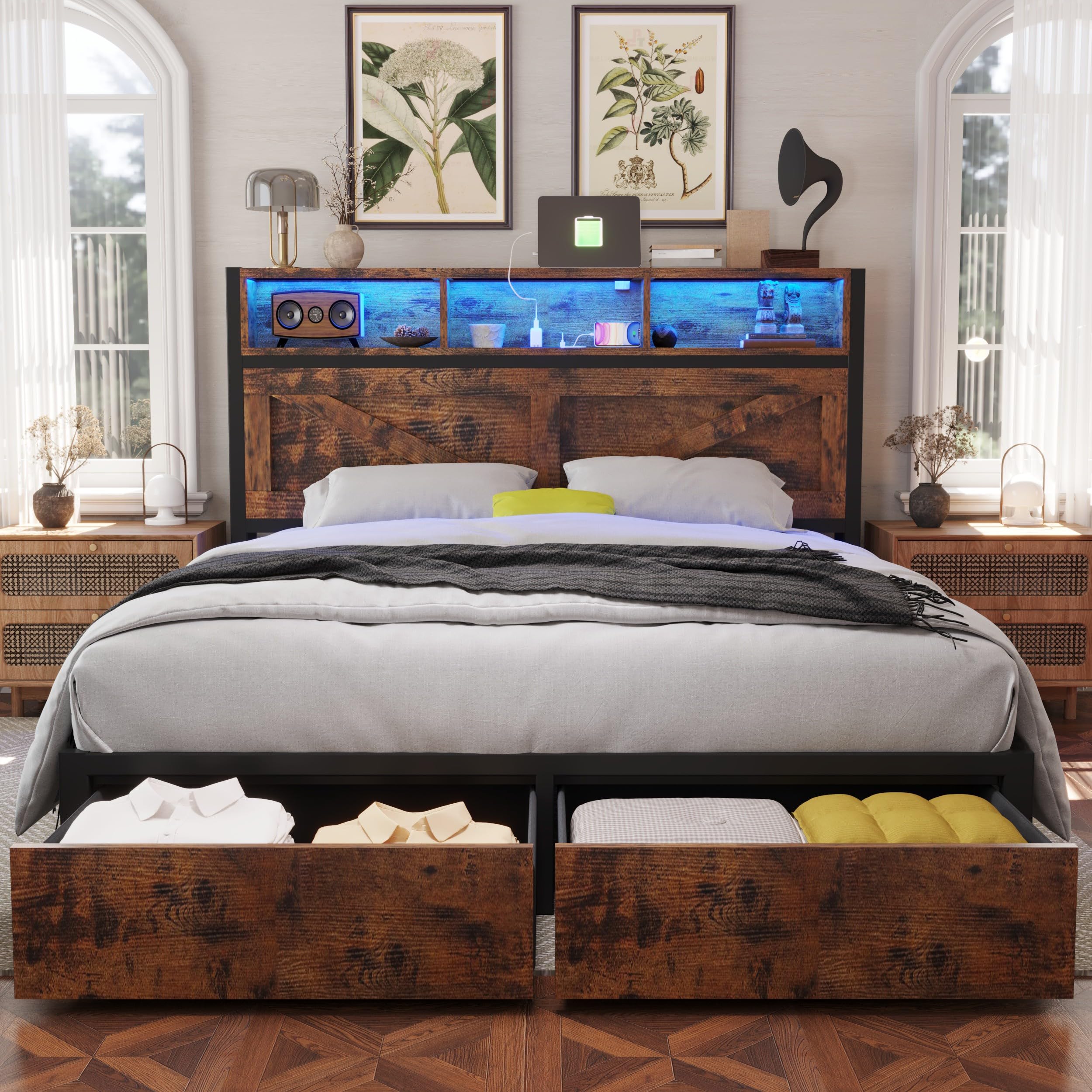 Queen Bed Frame with Bookcase Headboard and Storage Drawers