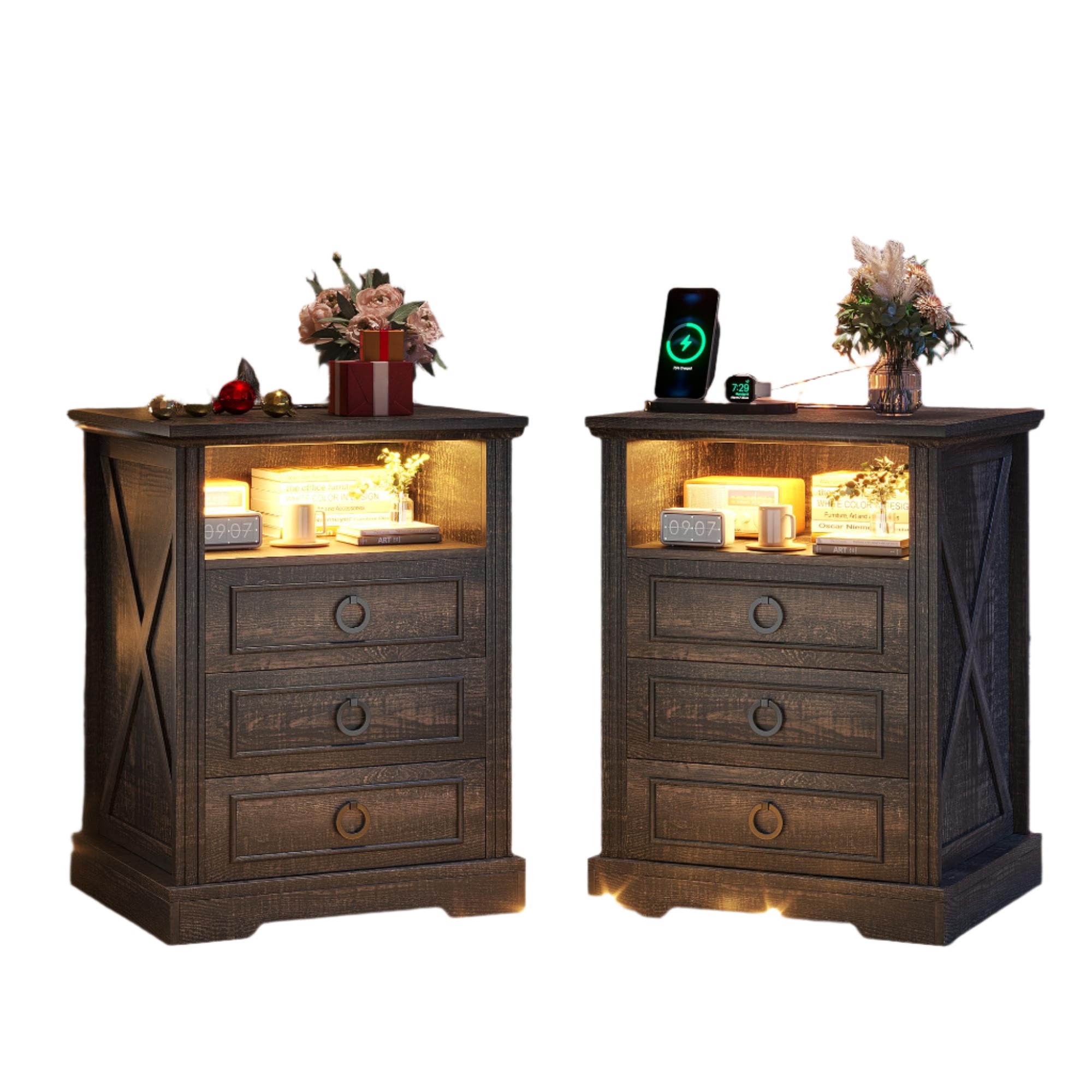Nightstand Set 2 with Charging Station, Farmhouse End Side Table