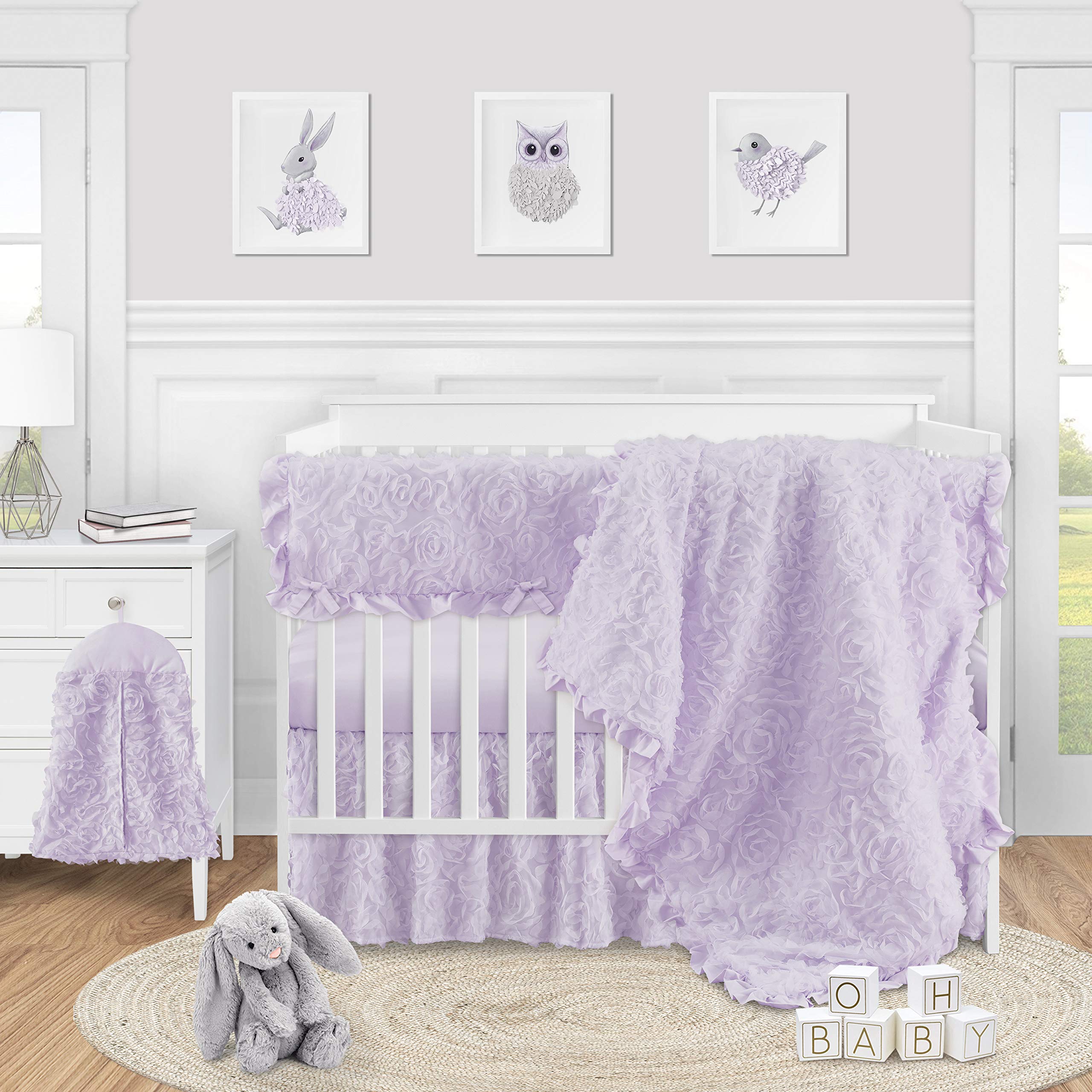 Purple Floral Rose Girl Baby Nursery Crib Bed Skirt Dust Ruffle - Solid Light Lavender