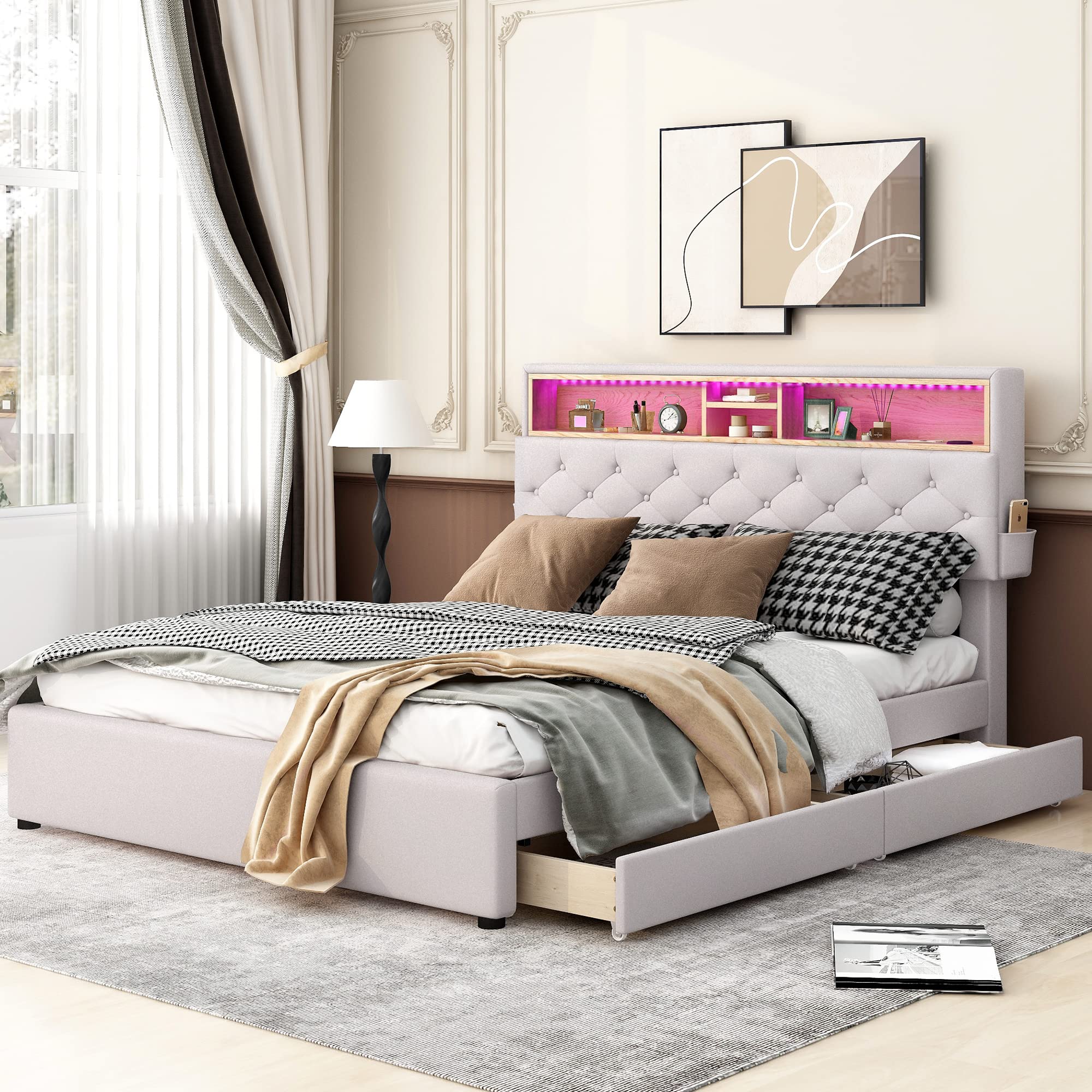 Queen Size Platform Bed with Storage Headboard and 2 Drawers, Linen Fabric Upholstered