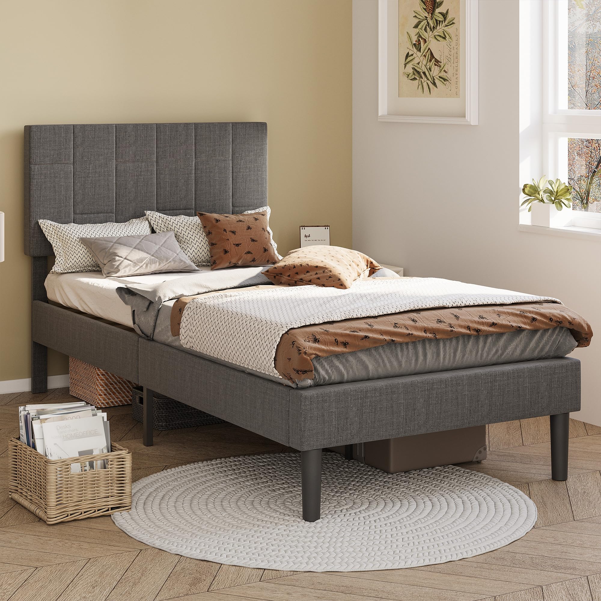 Twin XL Bed Frame with Headboard, Modern Upholstered Platform Bed