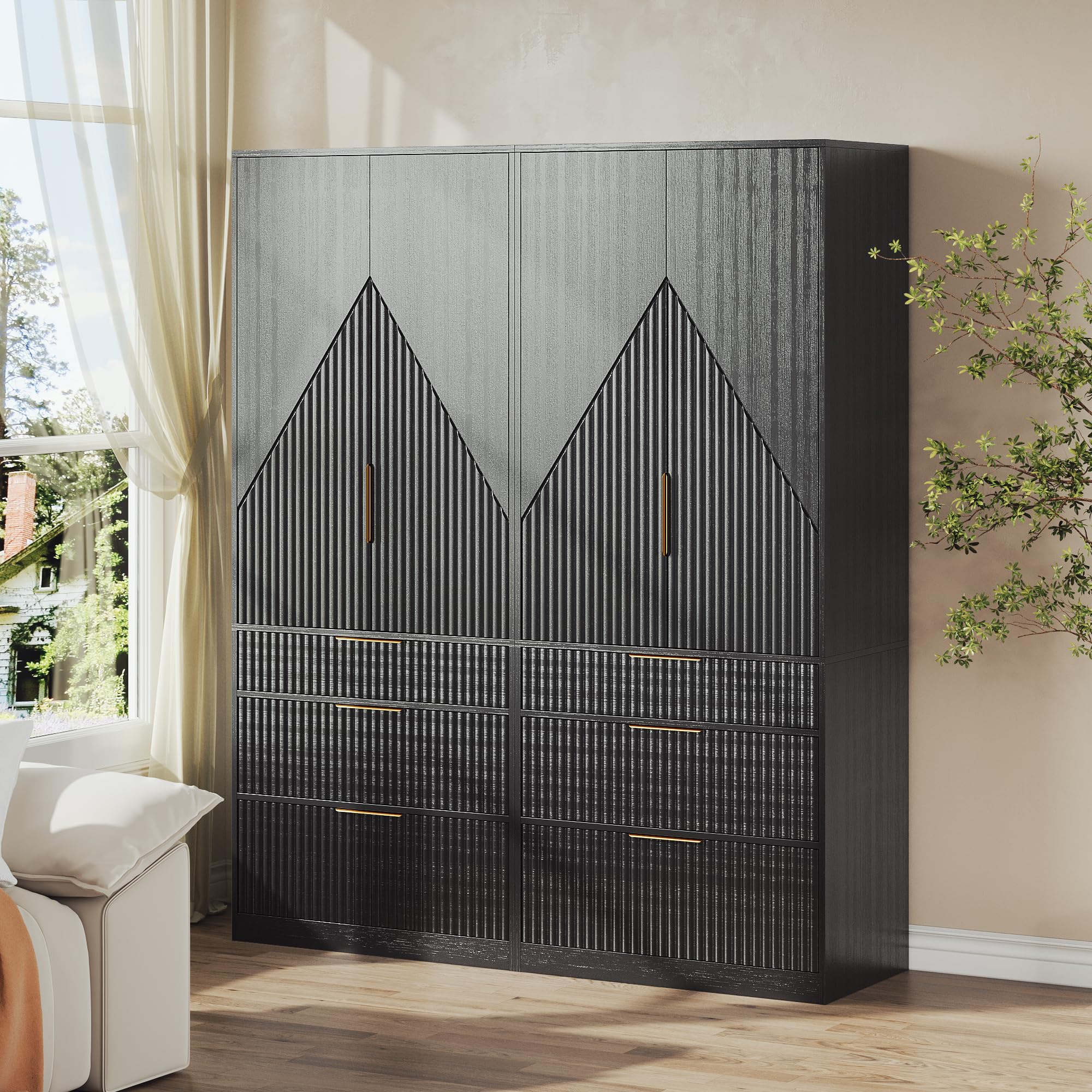 71.7" Wardrobe Armoire Wooden Closet with 2 Doors and 3 Drawers