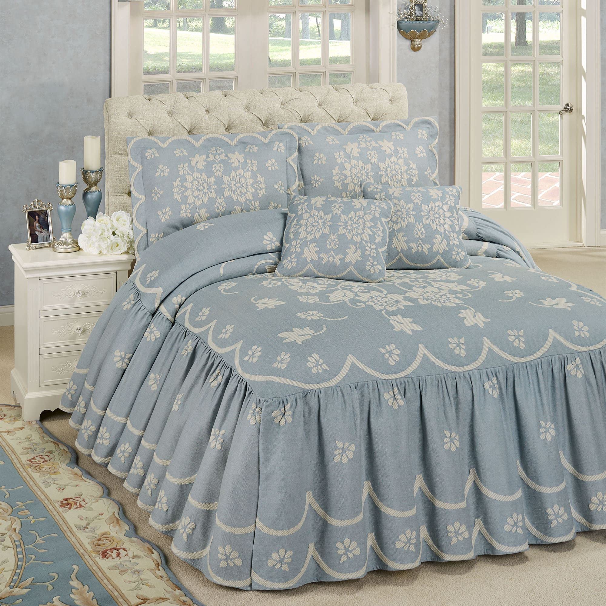 Romantic Floral Primrose Oversized Grande Sterling Blue Flounce Style Bedspread Set
