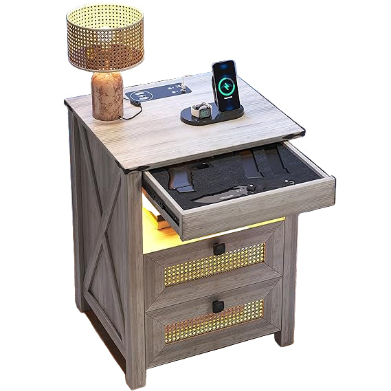 Night Stand with Gun Drawer, Bedside Table with Charging Station & LED Light