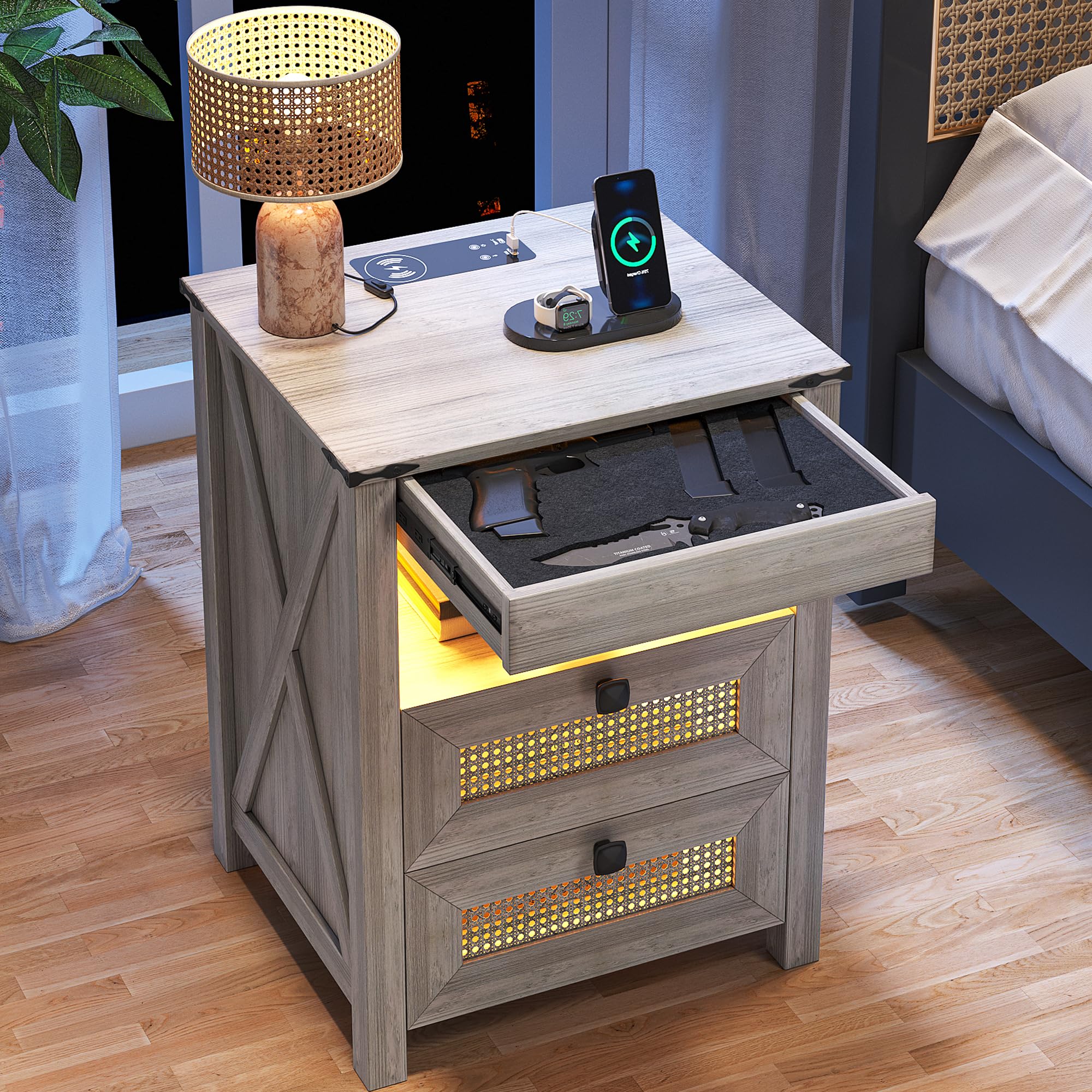 Night Stand with Gun Drawer, Bedside Table with Charging Station & LED Light