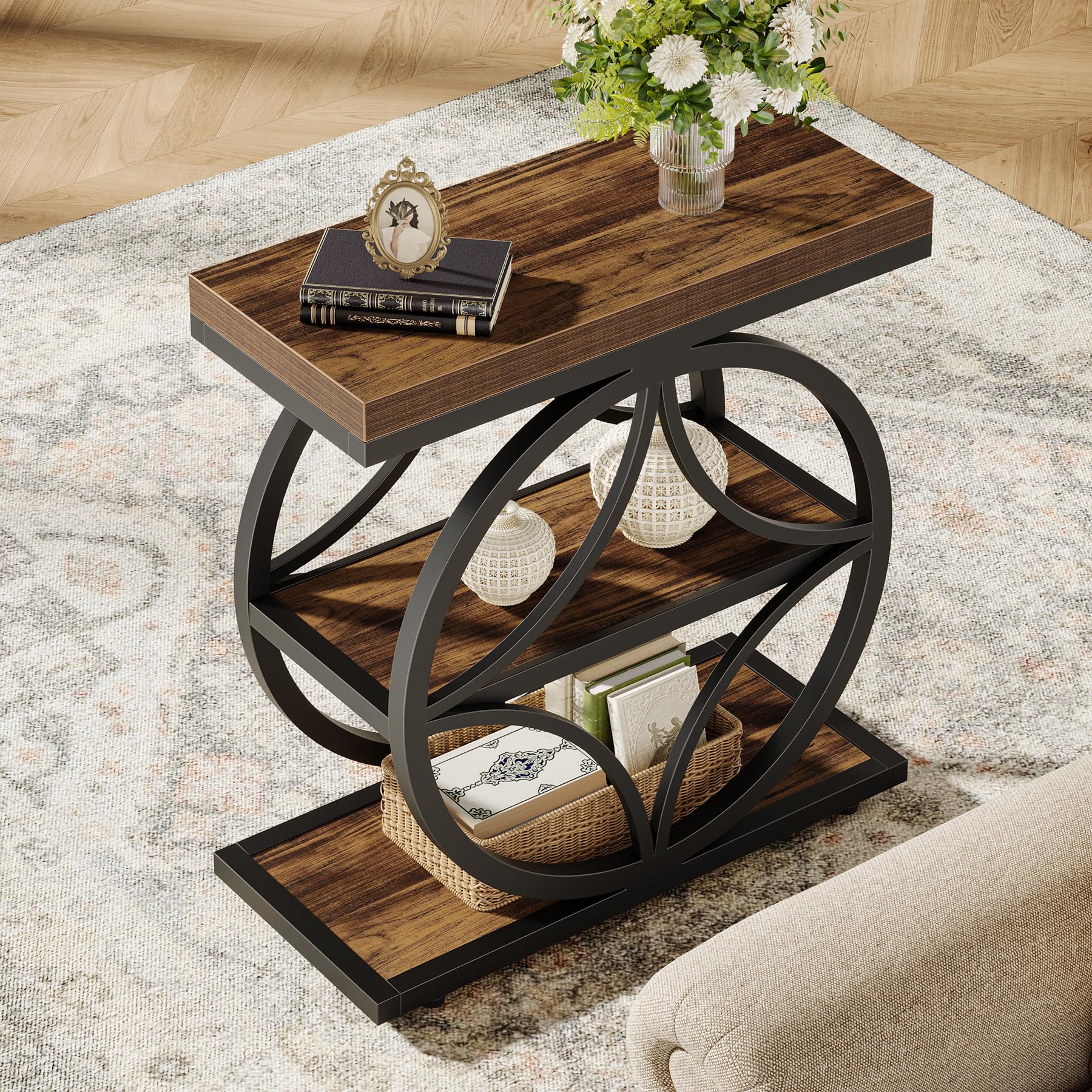 Side Table for Living Room, Narrow Small End Table with 3-Tier Storage