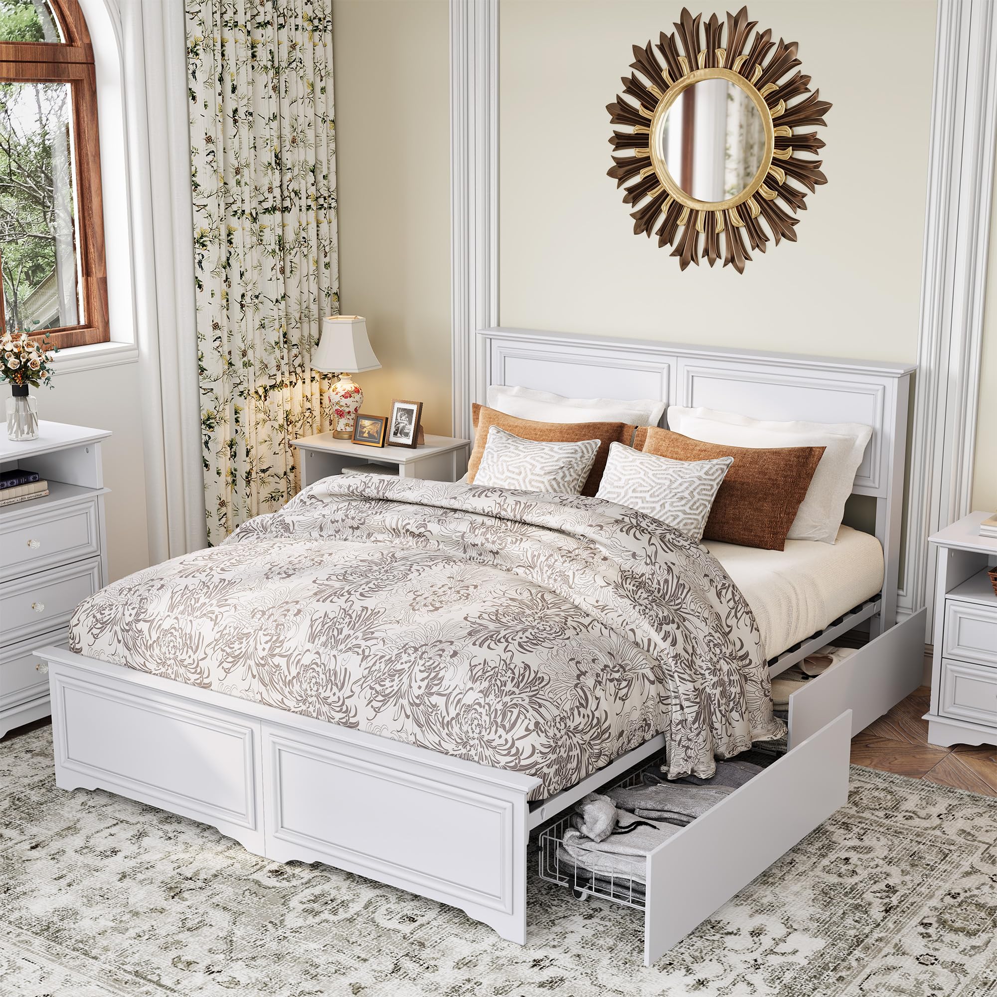 Queen Bed Frame with Headboard & 4 Storage Drawers, No Box Spring Needed Platform Bed