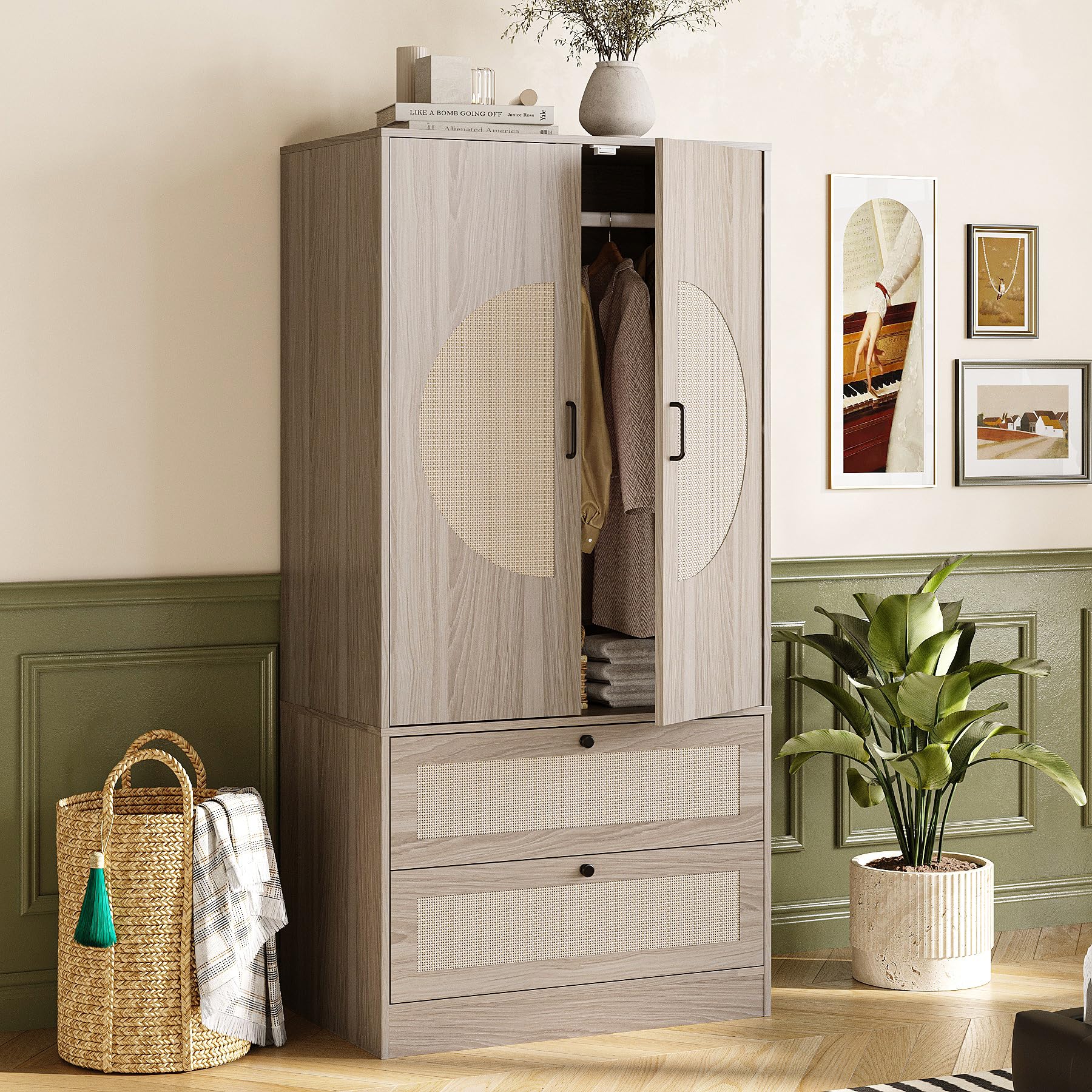 Modern Boho Wardrobe Closet, 65"H Wooden Rattan Bedroom Armoires
