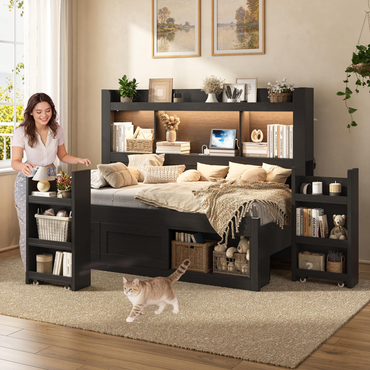 Twin Bed Frame with Bookcase Headboard, Storage & RGB LED