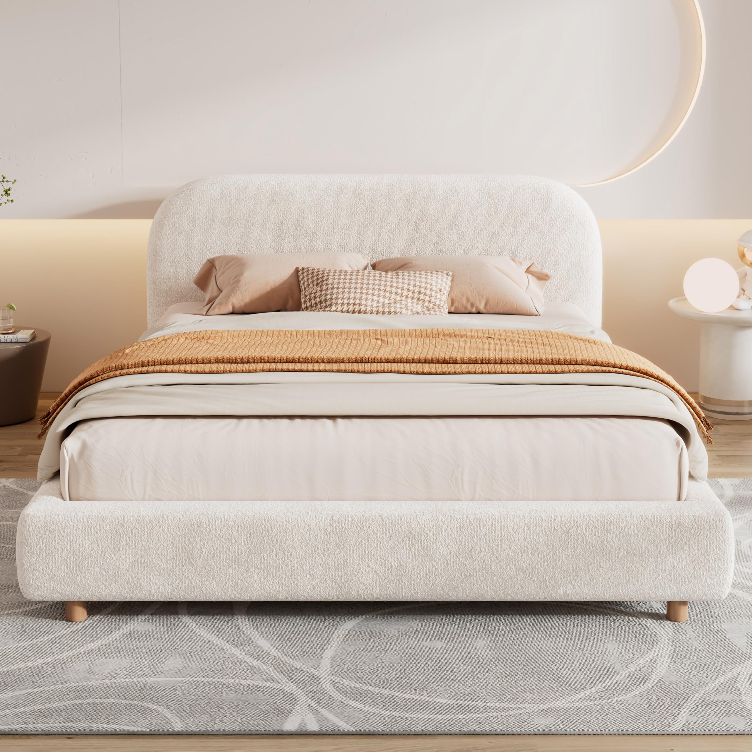 Queen Size Teddy Fleece Thick Fabric Upholstered Platform Bed