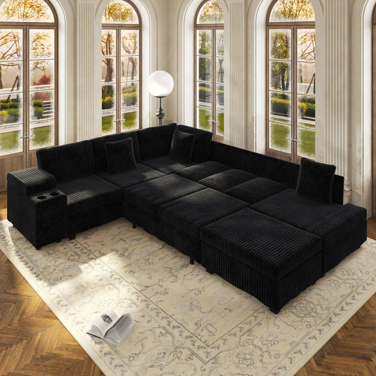 L-Shaped Corduroy Sectional Sofa with Pull-Out Bed