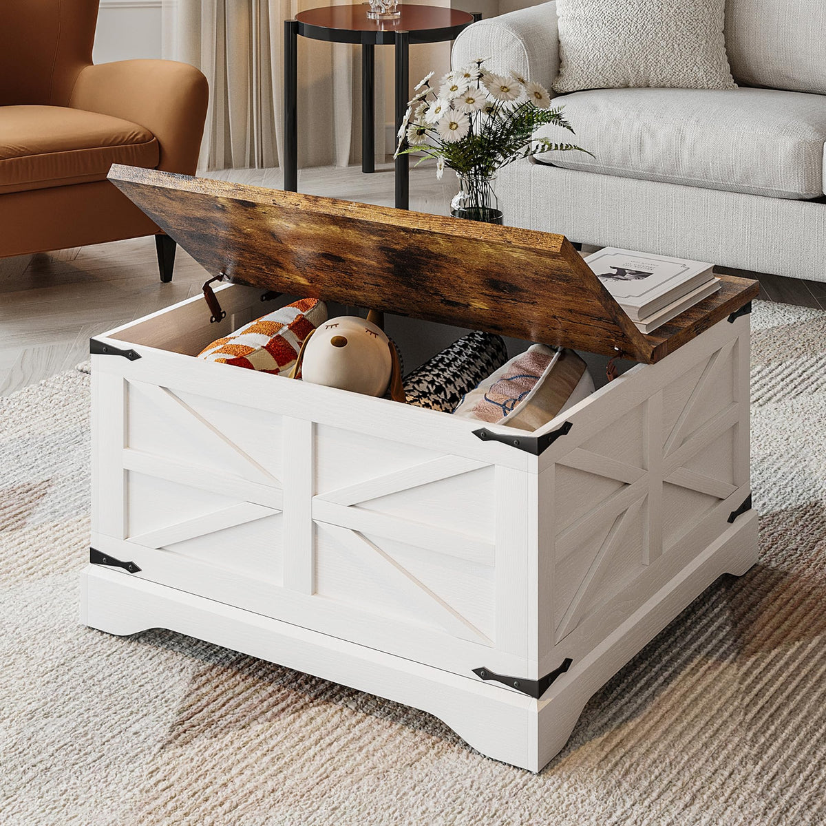 Farmhouse Square Coffee Table with Lift-Top Storage