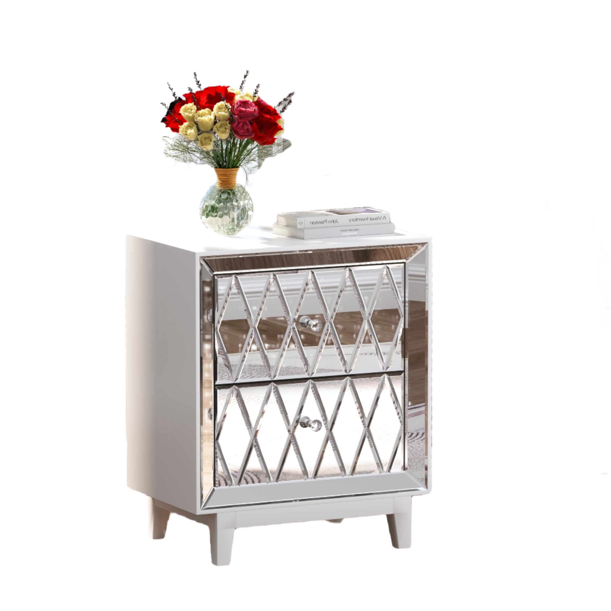 Mirrored Nightstands Set of 2, Modern Bedside Table 2 Drawer Glass Side End Table