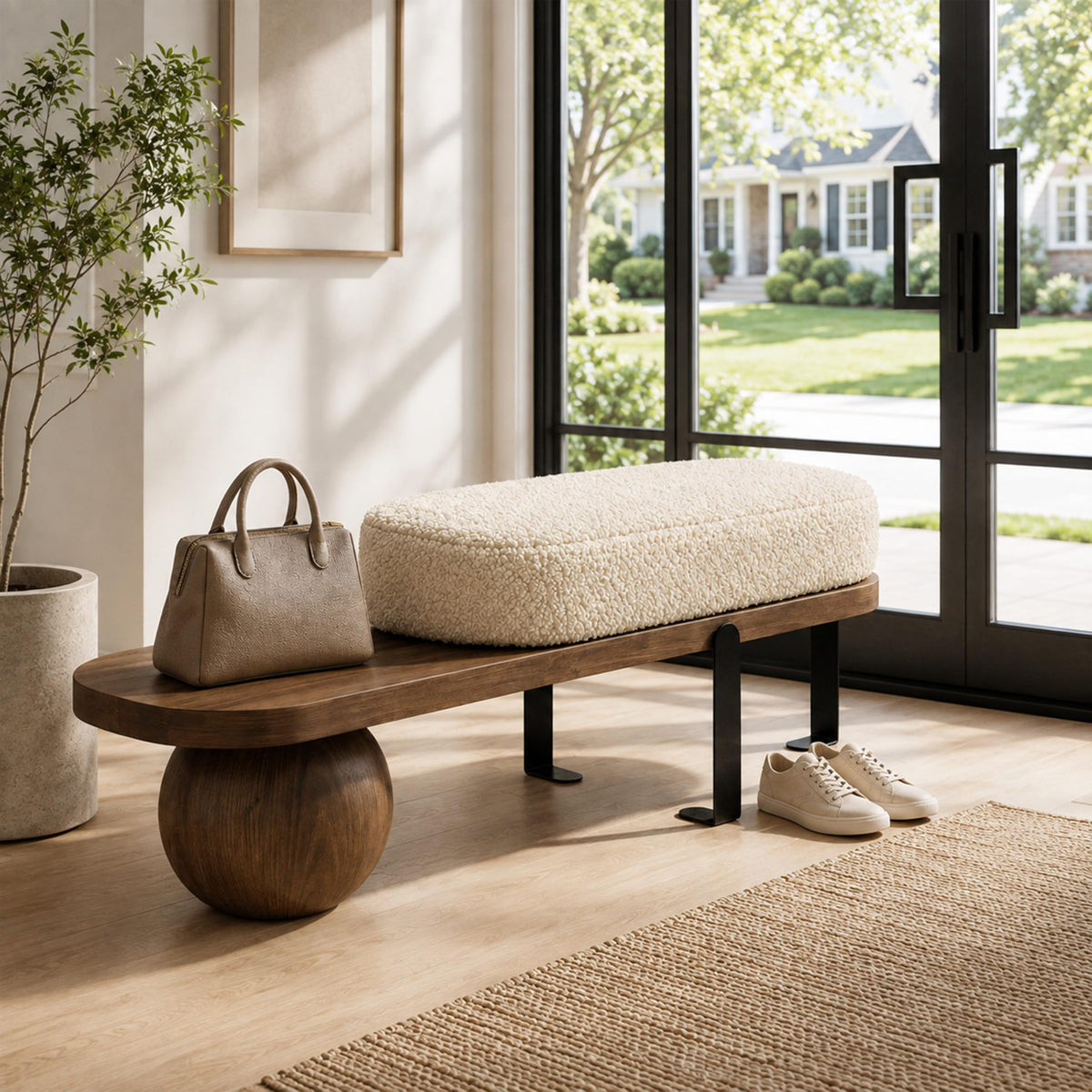 Sherpa Upholstered Entryway Bench with Wood & Metal Frame