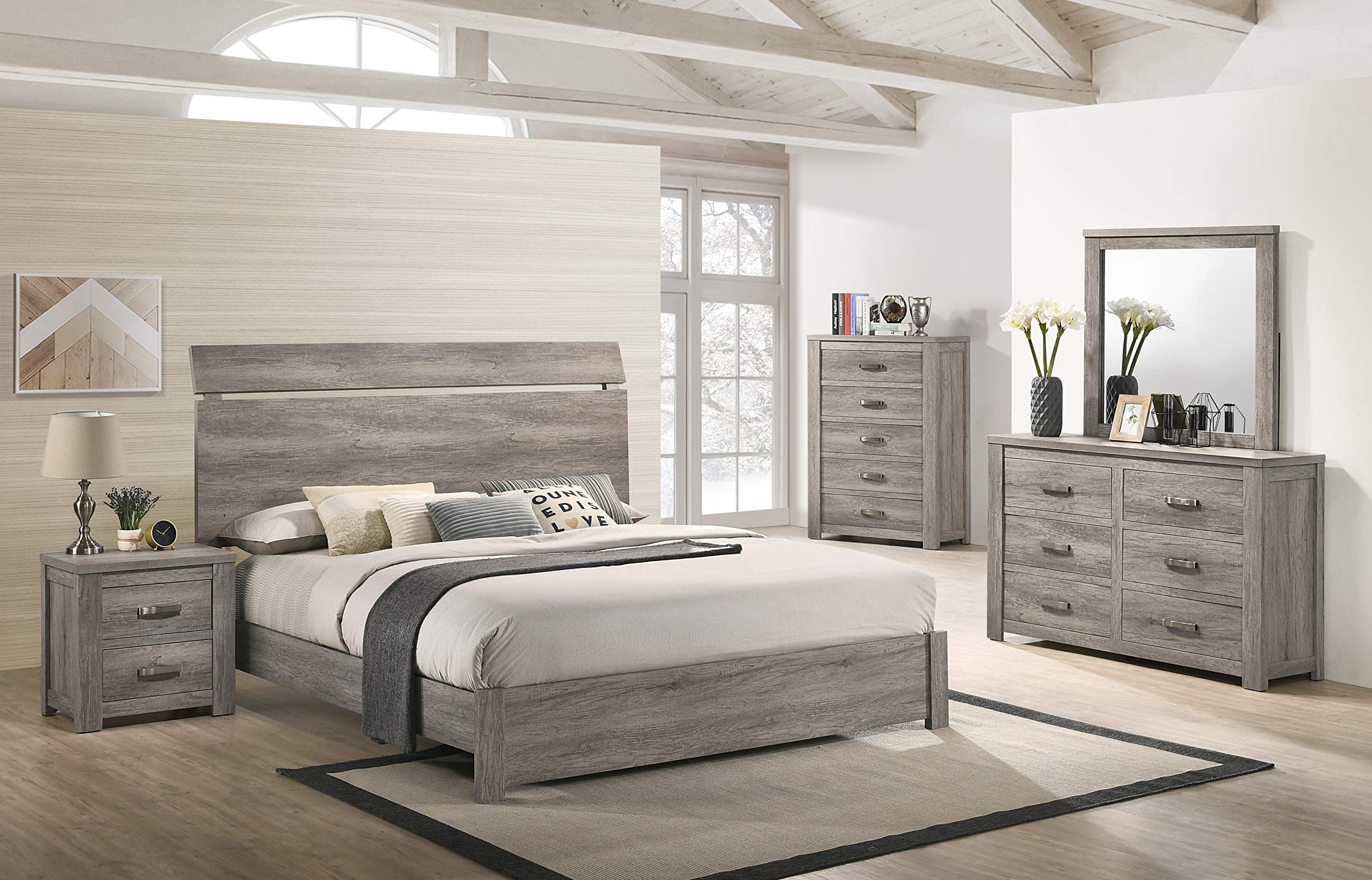 Floren Contemporary Weathered Gray Wood Bedroom Set, Queen Panel Bed, Dresser