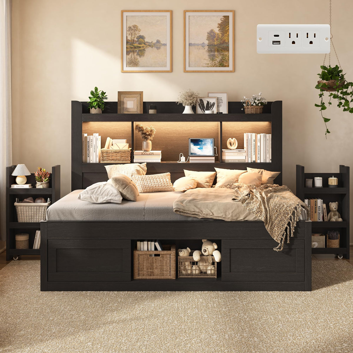Twin Bed Frame with Bookcase Headboard, Storage & RGB LED