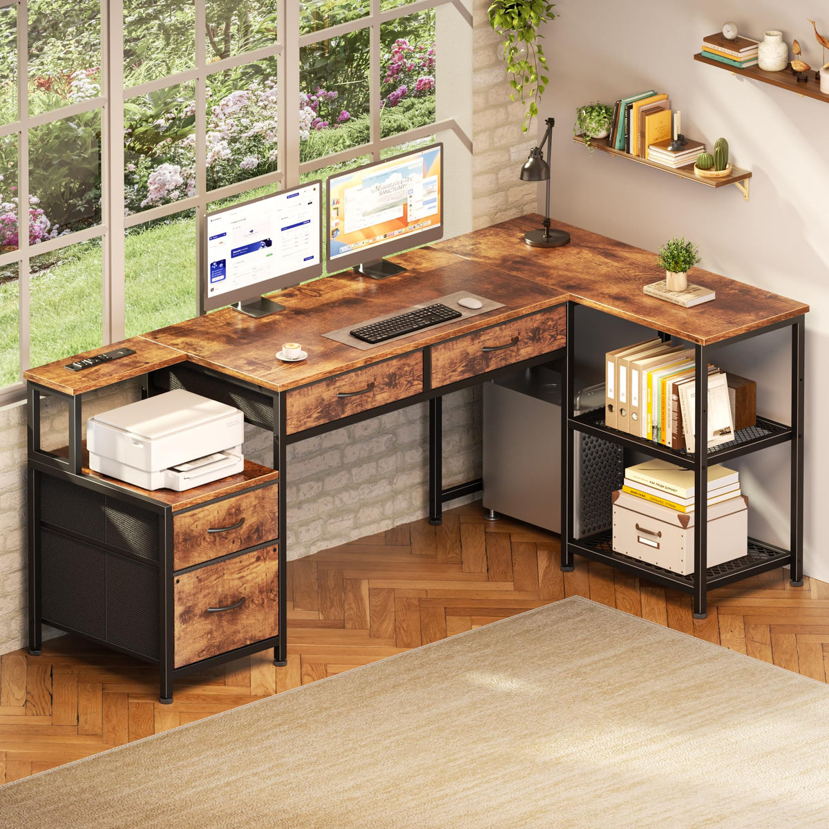 57" L-Shaped Desk with Power Outlet, Drawers and Shelves