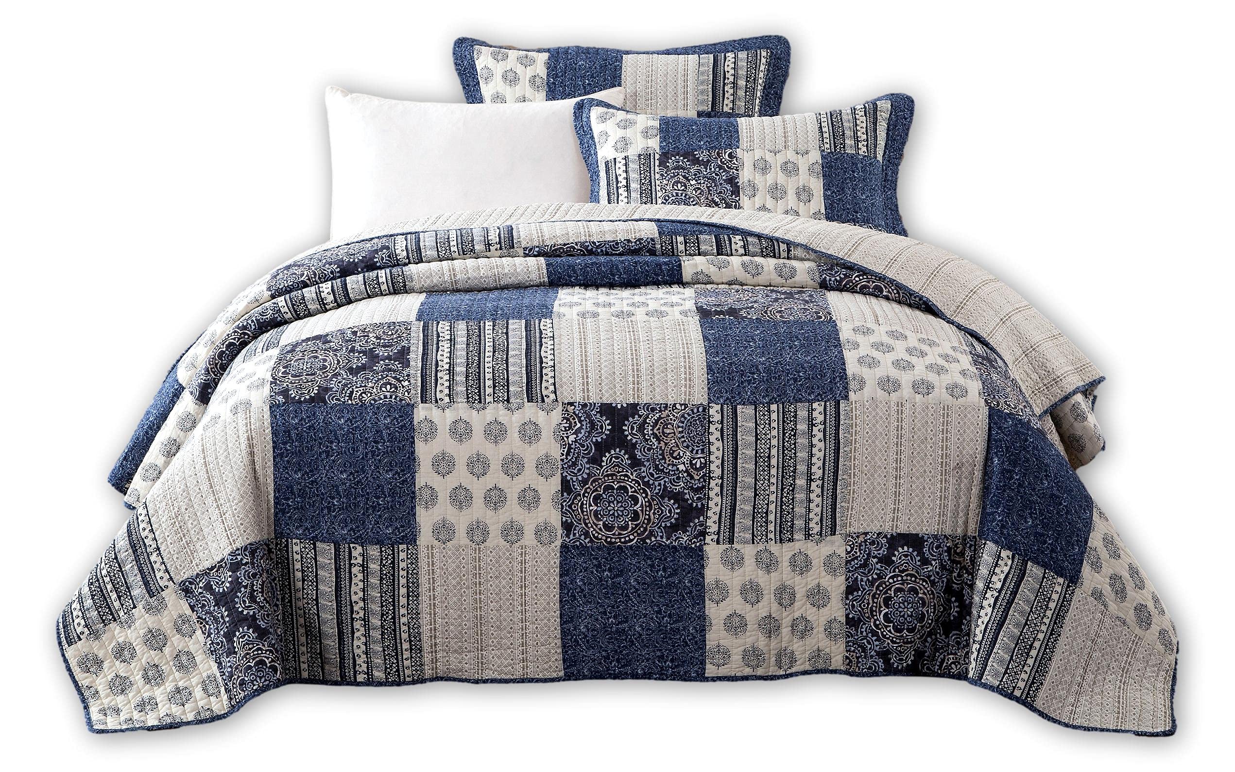 Denim Blue Elegance Patchwork Floral Bedspread Set - 100% Cotton Boho Chic