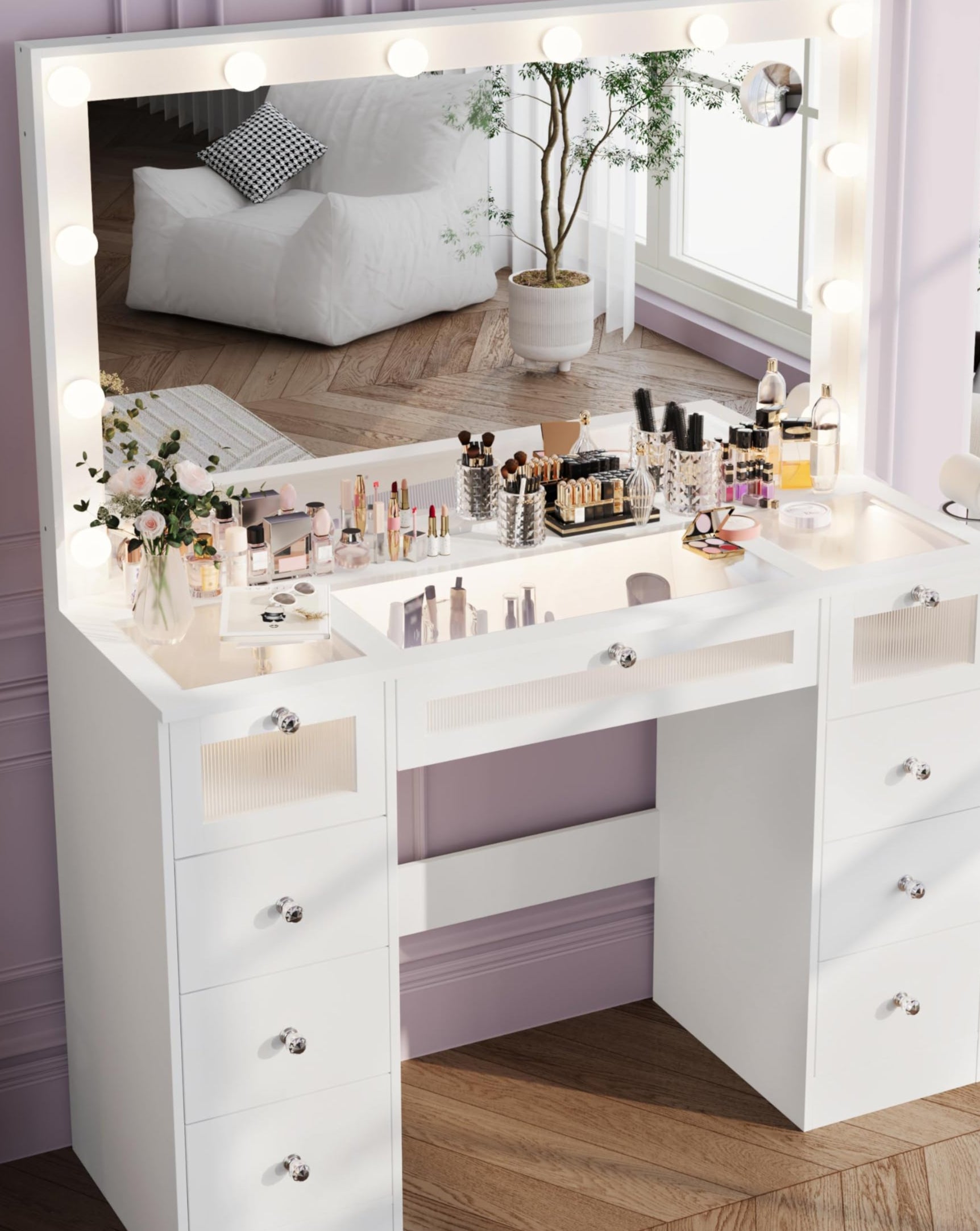 Vanity Desk with 36.9" Oversized Mirror and Lights, Vanity with Tempered Glass