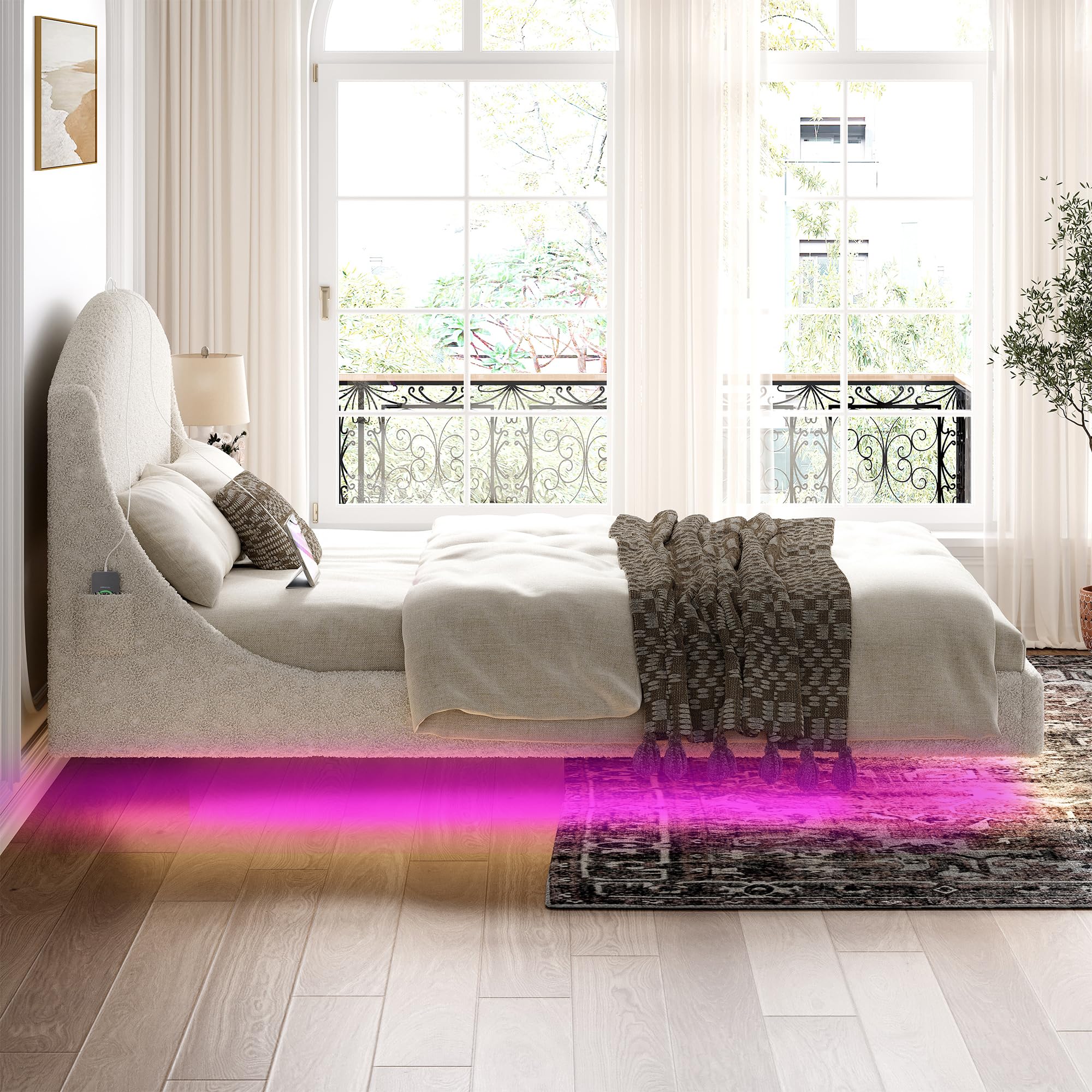 Floating Bed Frame Queen Size with Tufted Rund Headboard & Charging Station