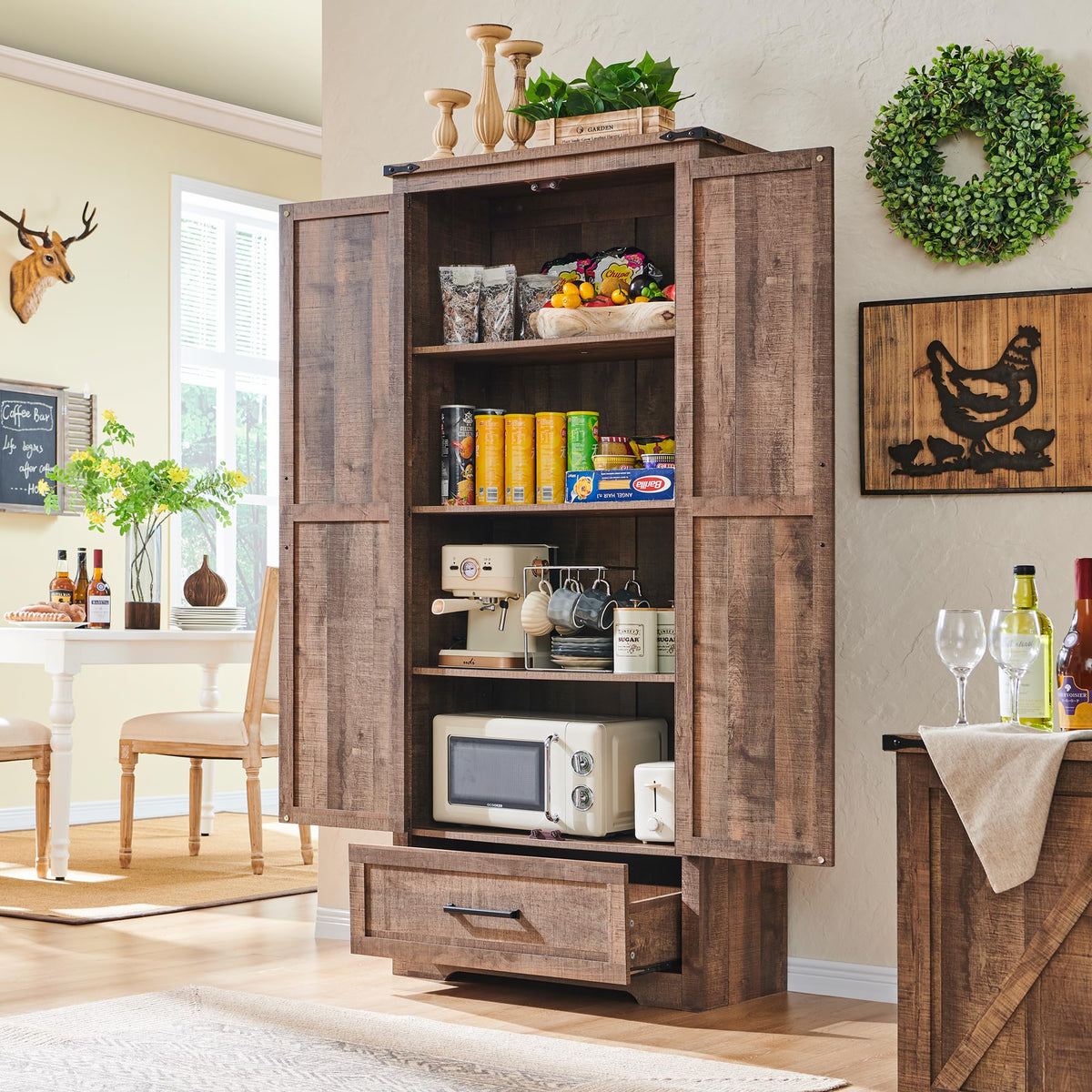 71" Farmhouse Pantry Cabinet with Barn Doors, Drawers & Adjustable Shelves