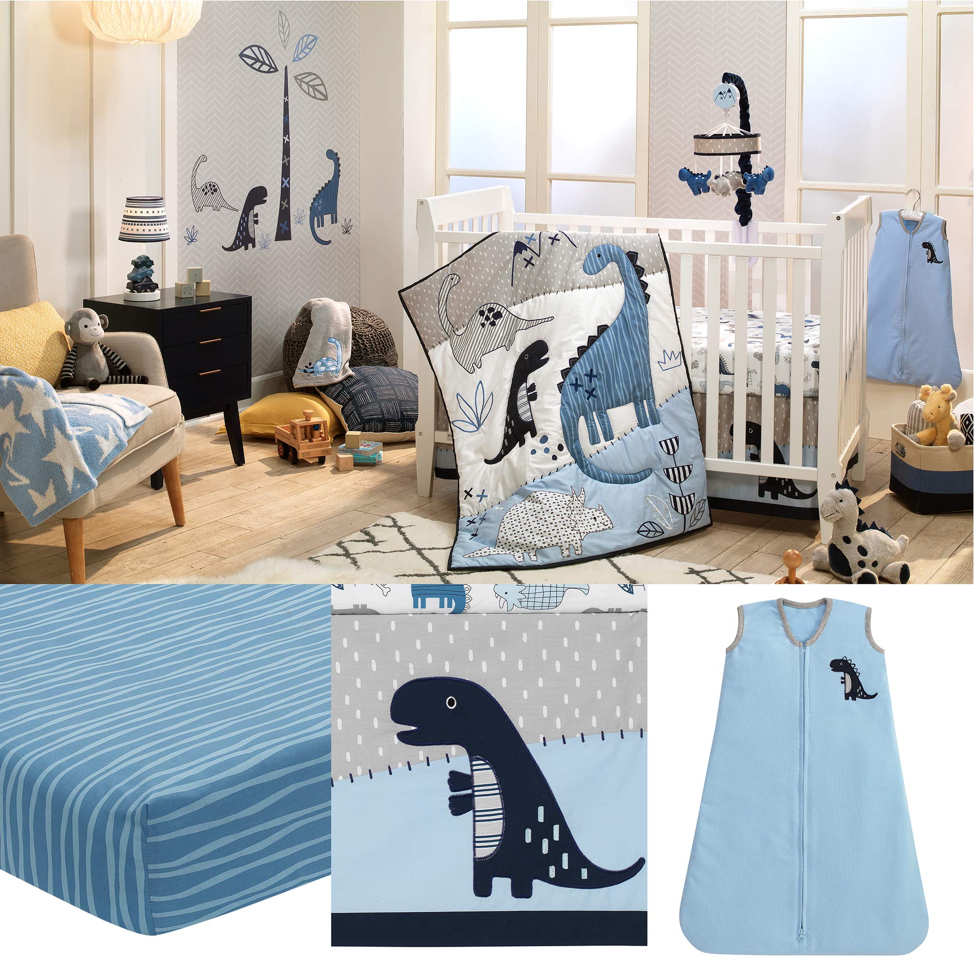 Baby Dino Blue/White Dinosaur Nursery 6-Piece Crib Bedding Set