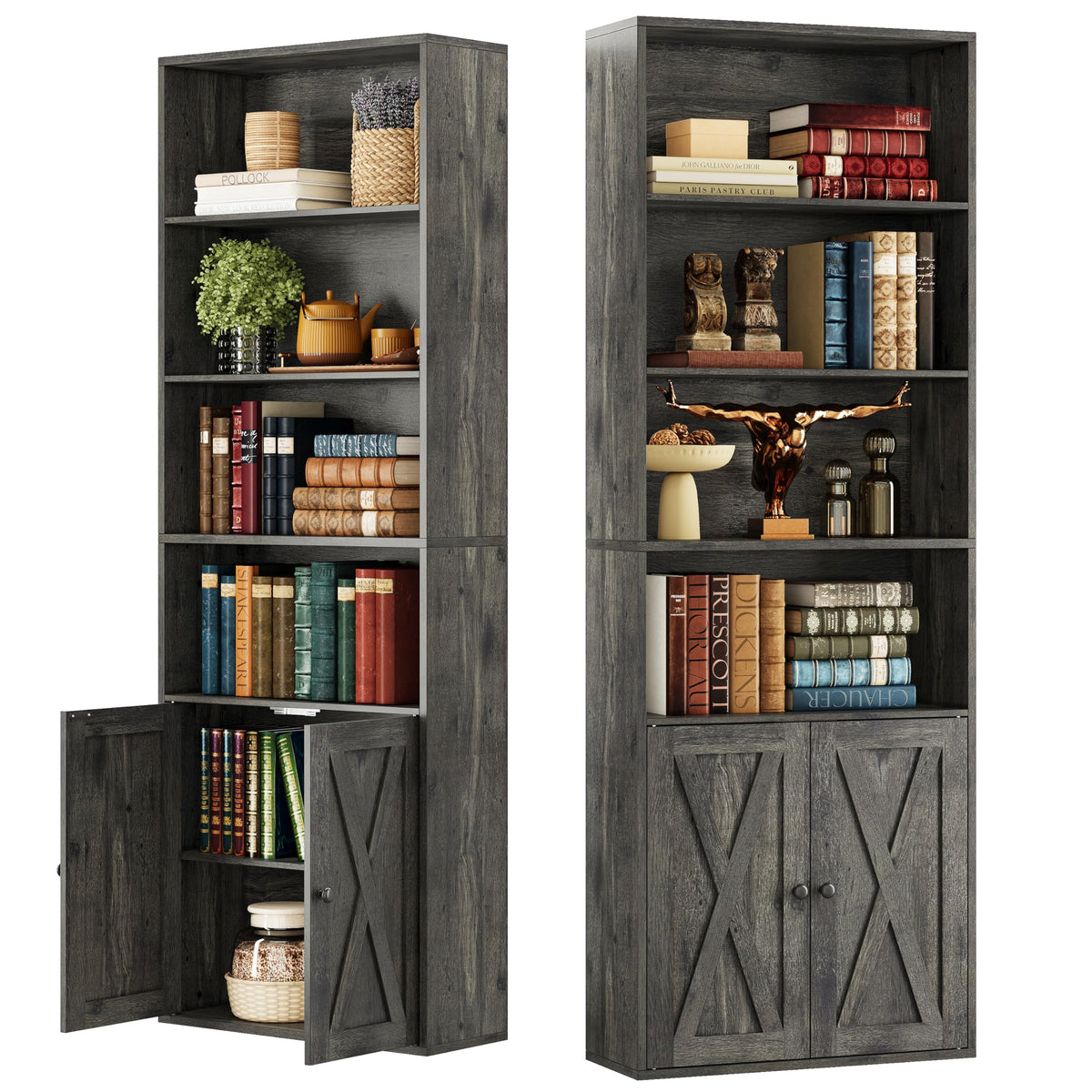 6-Tier Tall Bookcase with Doors, Set of 2
